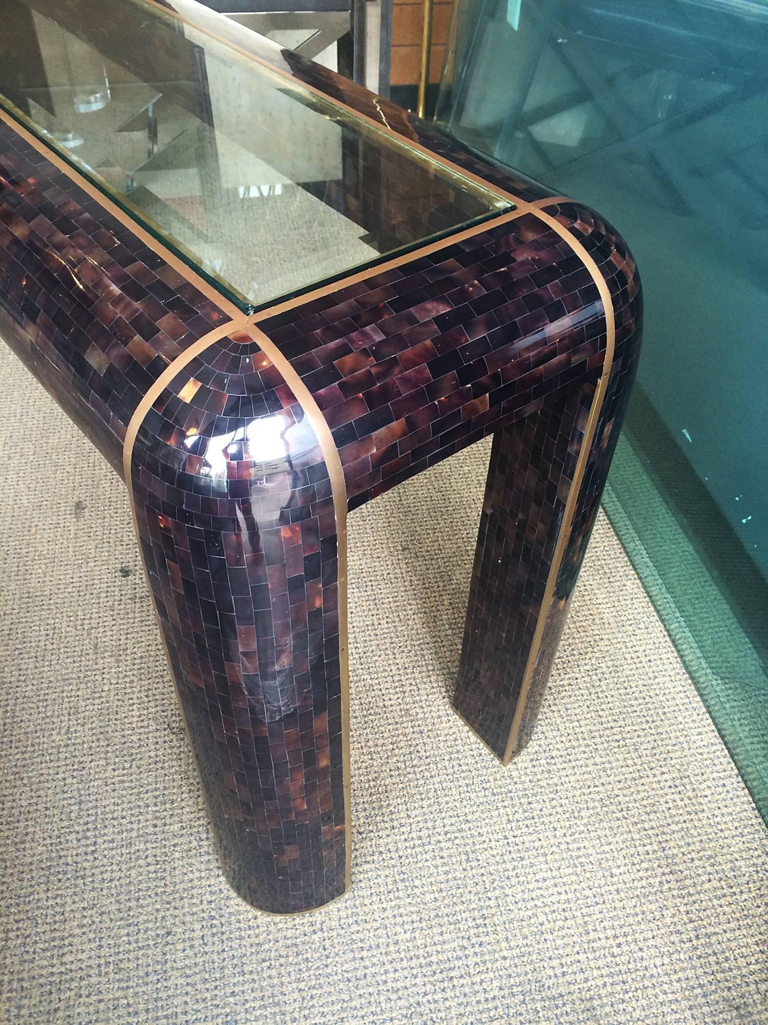 Vintage Horn-Brass and Glass Sofa/Console Table in the Style of Karl Springer In Good Condition In Los Angeles, CA