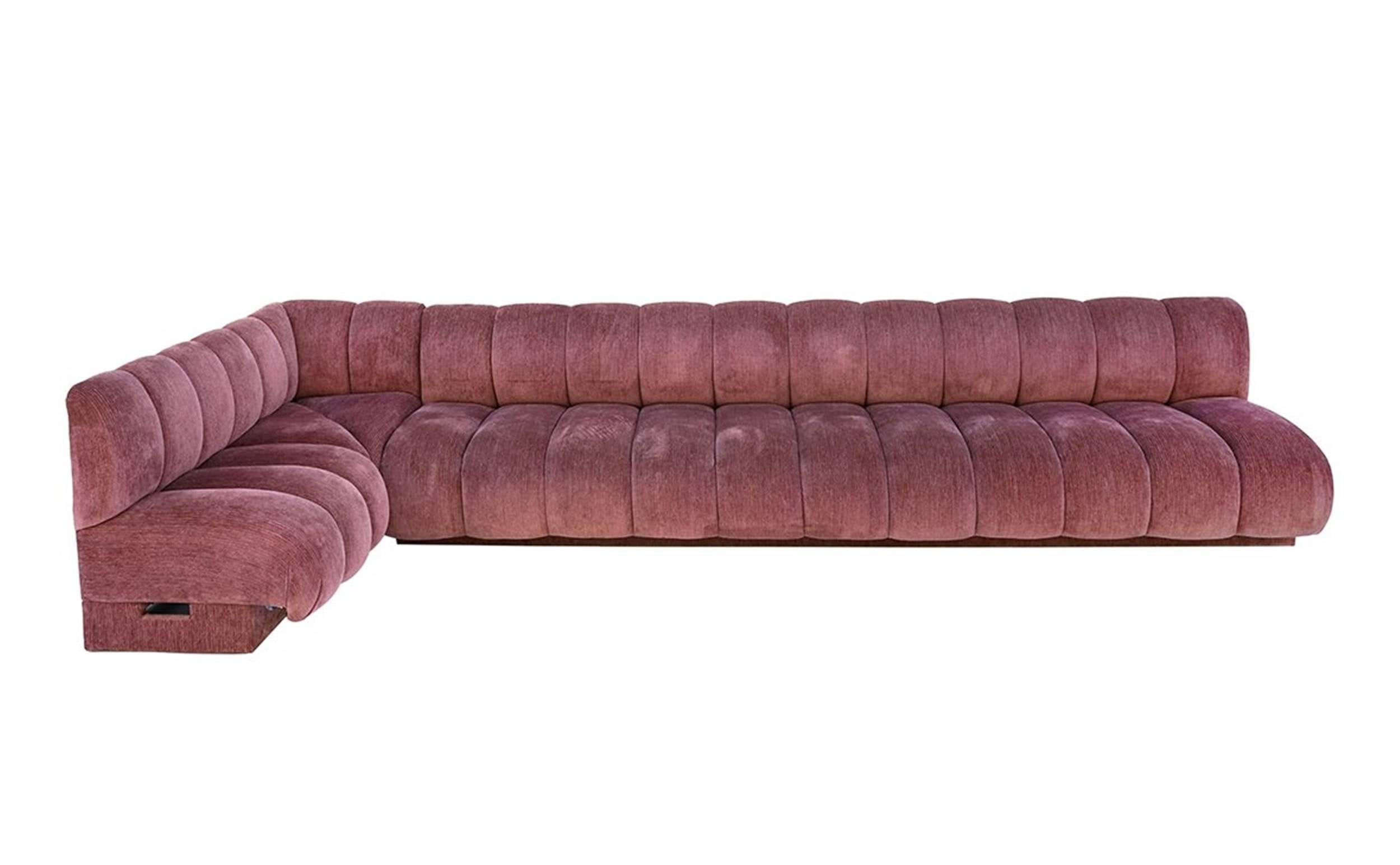 Stunning and rare custom made sofa by Steve Chase for a Palm Springs estate in the 1980s.

The piece is upholstered in a vintage original Boris Kroll Elan fabric which is in excellent condition and can be used in as is-as found condition.

The