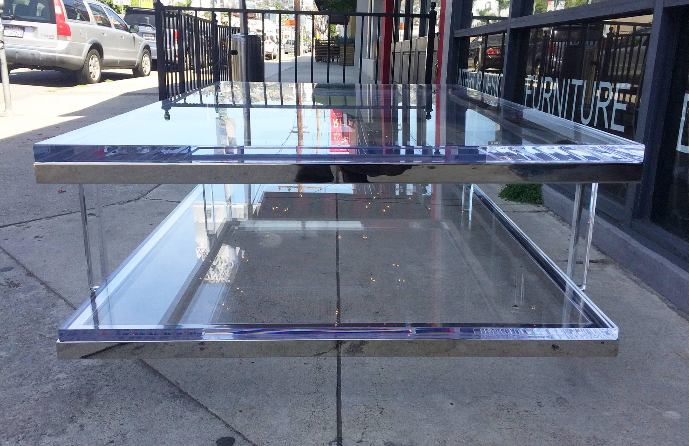 Plated Two-Tier Coffee Table in Lucite and Nickel by Charles Hollis Jones For Sale