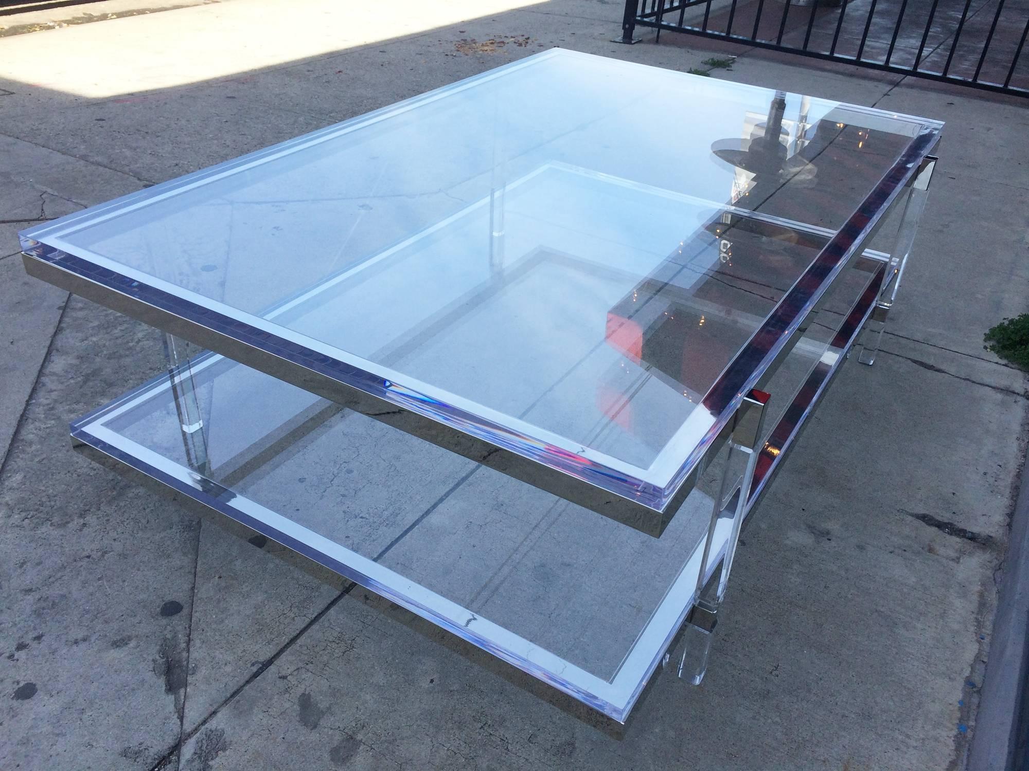 American Two-Tier Coffee Table in Lucite and Nickel by Charles Hollis Jones For Sale