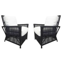 Wicker or Bamboo Patio Chairs Upholstered in White Canvas