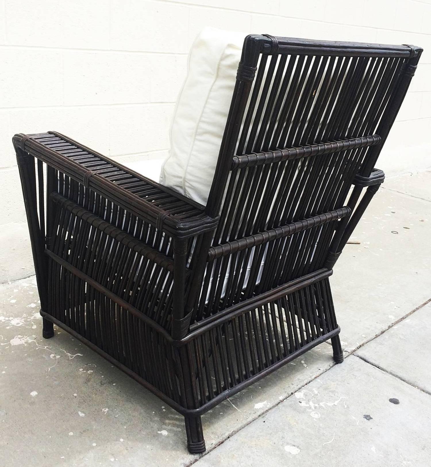 Wicker or Bamboo Patio Chairs Upholstered in White Canvas In Excellent Condition In Los Angeles, CA