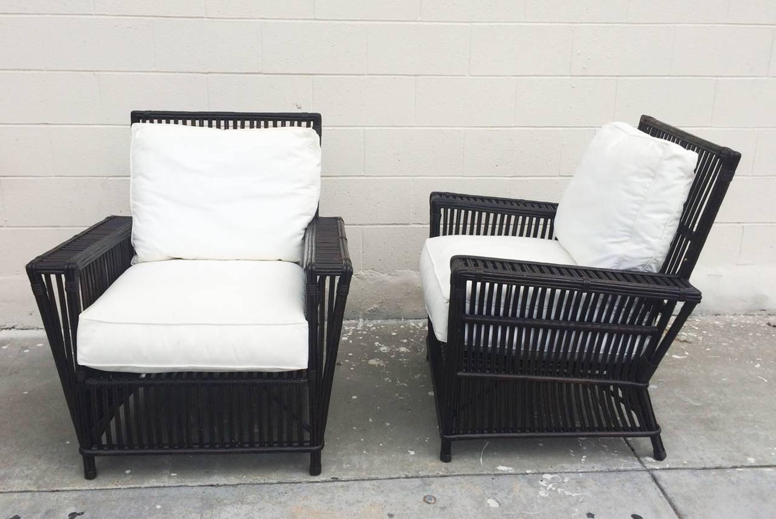 Mid-Century Modern Wicker or Bamboo Patio Chairs Upholstered in White Canvas