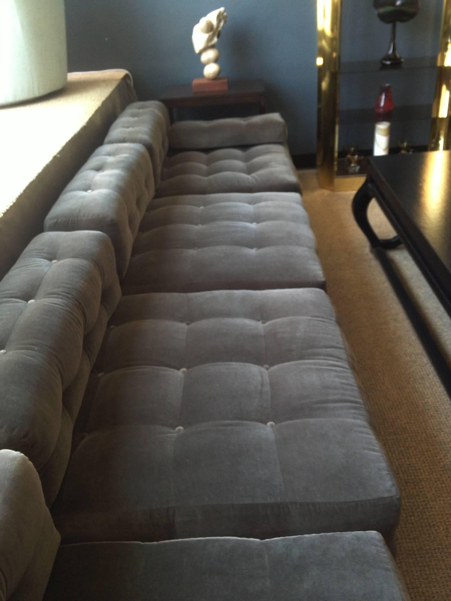 Stunning four-piece modular sofa designed/manufactured by Harvey Probber/Harvey Probber Inc. This fantastic sofa is another fine example of Harvey Probber works, the chrome base creates a floating illusion, the soft velvet upholstery is very