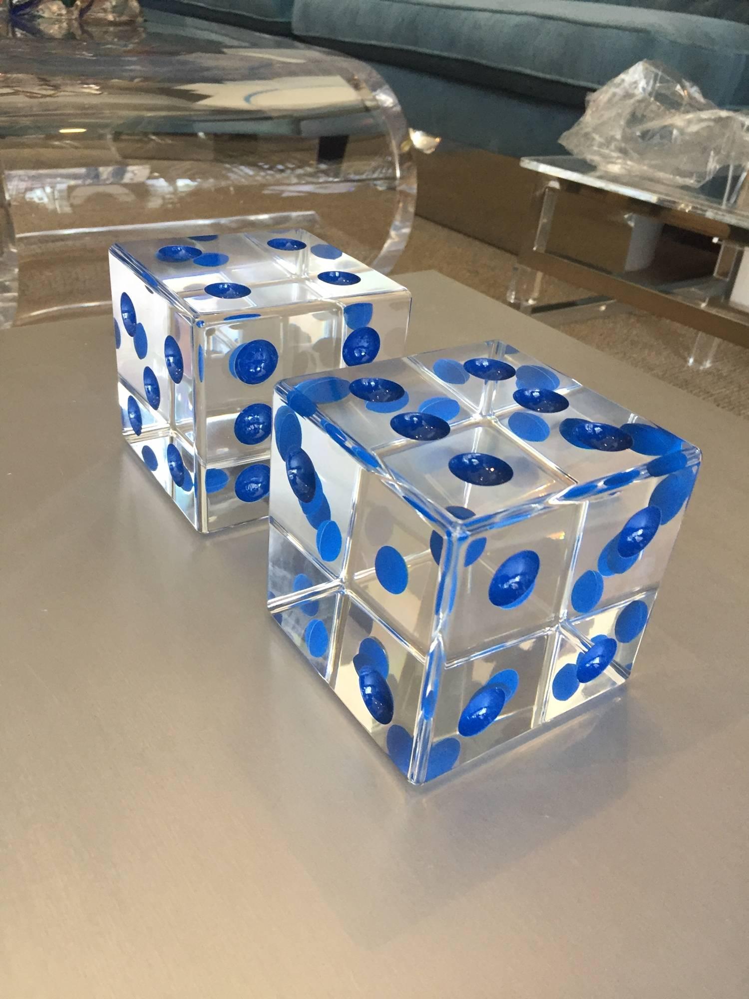 Lucite Oversized Dice Sculpture with Blue Dots by Charles Hollis Jones