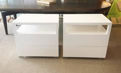 Pair of White Lacquer, Lucite and Glass Nightstands by Cain Modern