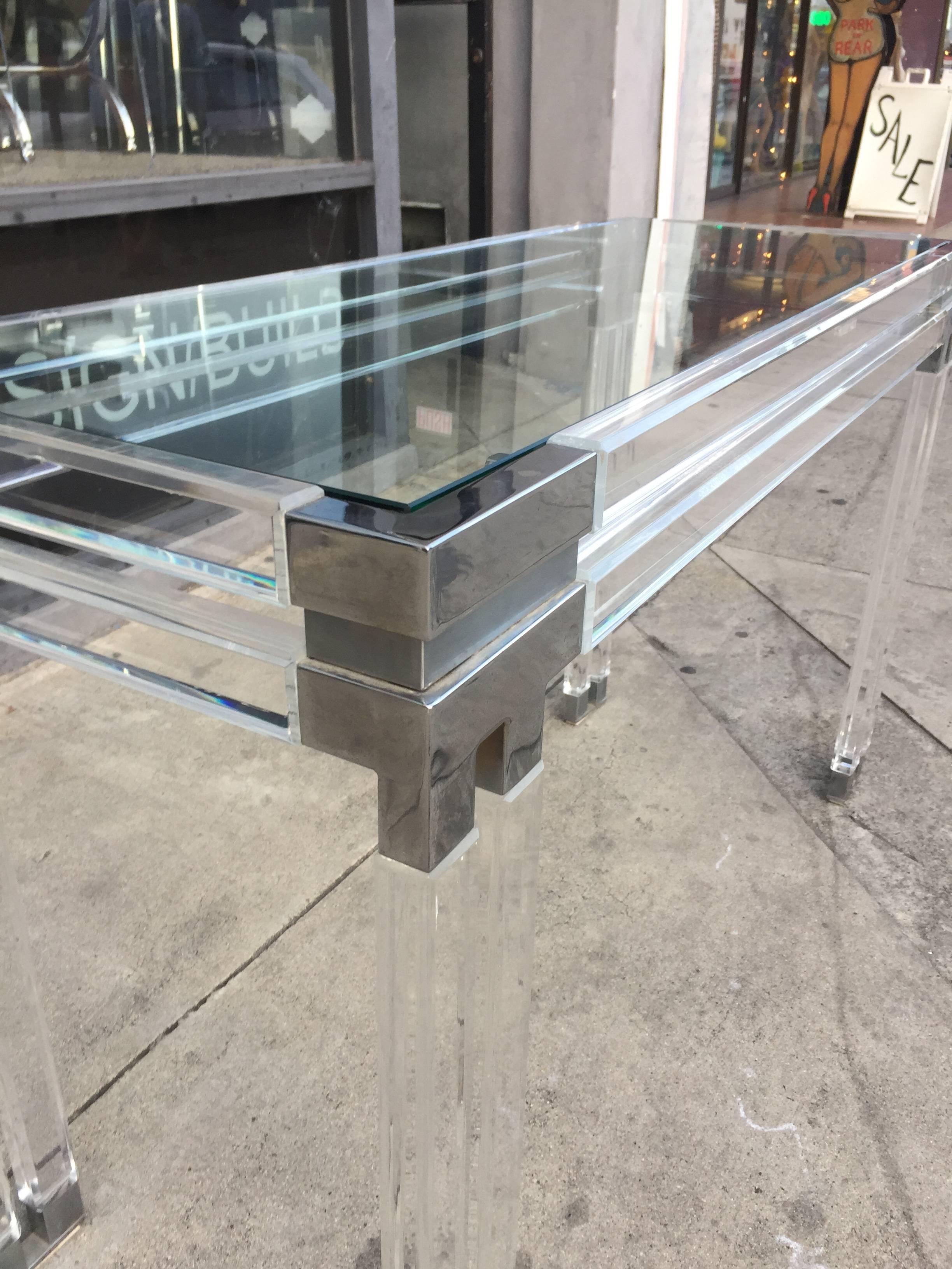 Plated Console Table in Lucite and Polished Nickel by Charles Hollis Jones For Sale