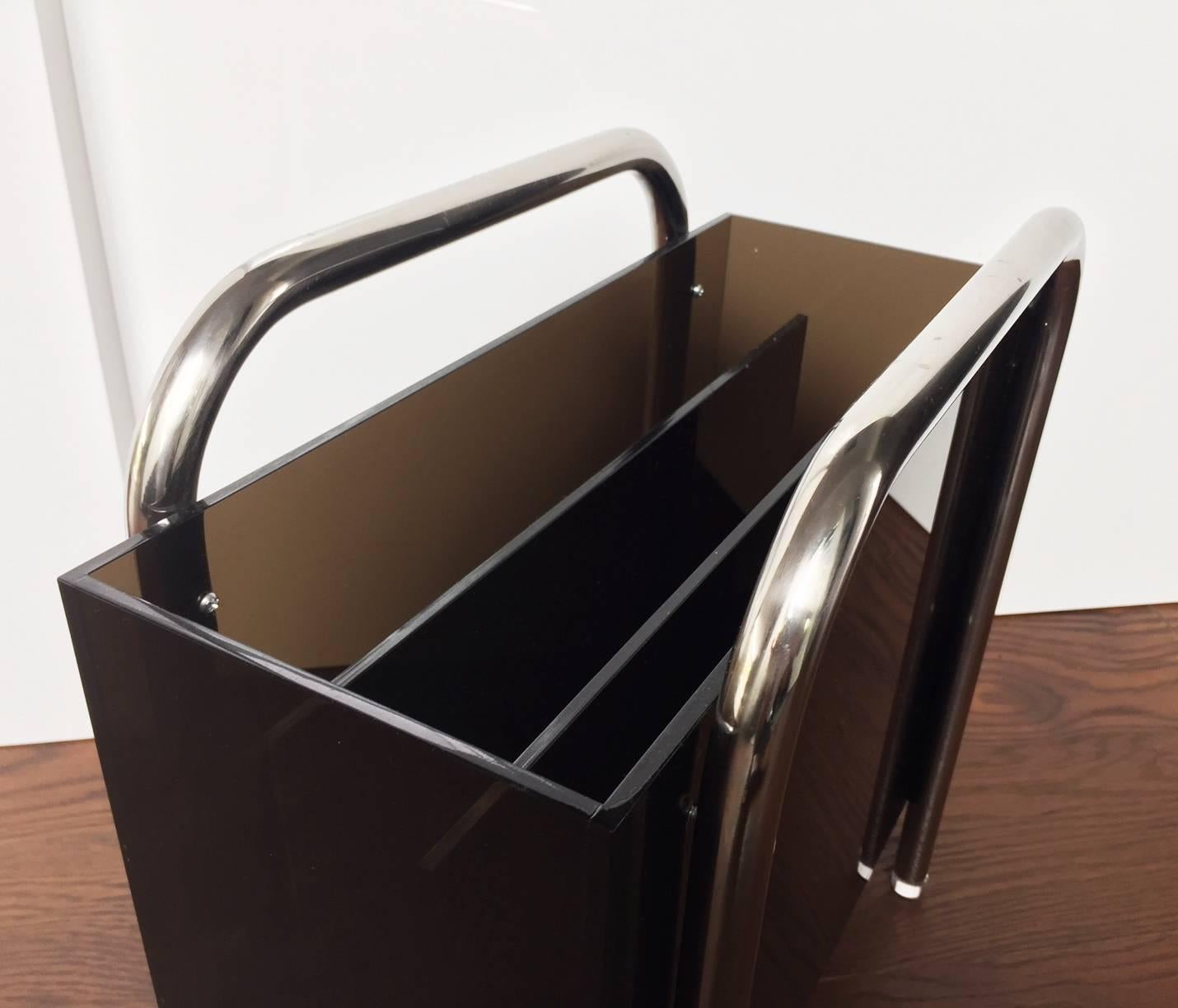American Stainless Steel and Lucite Magazine Holder by Charles Hollis Jones For Sale