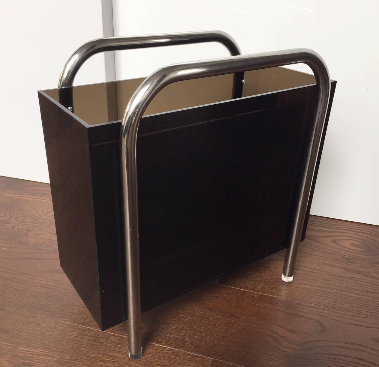 Bronzed Stainless Steel and Lucite Magazine Holder by Charles Hollis Jones For Sale
