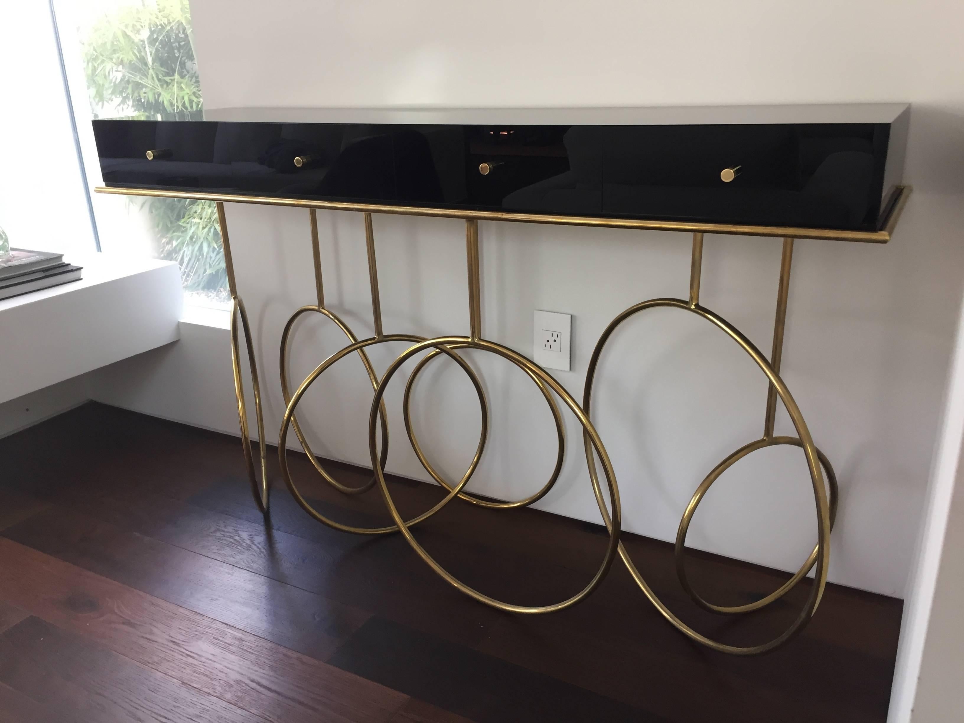 Modern Brass and Lucite Console Table by Amparo Calderon Tapia For Sale