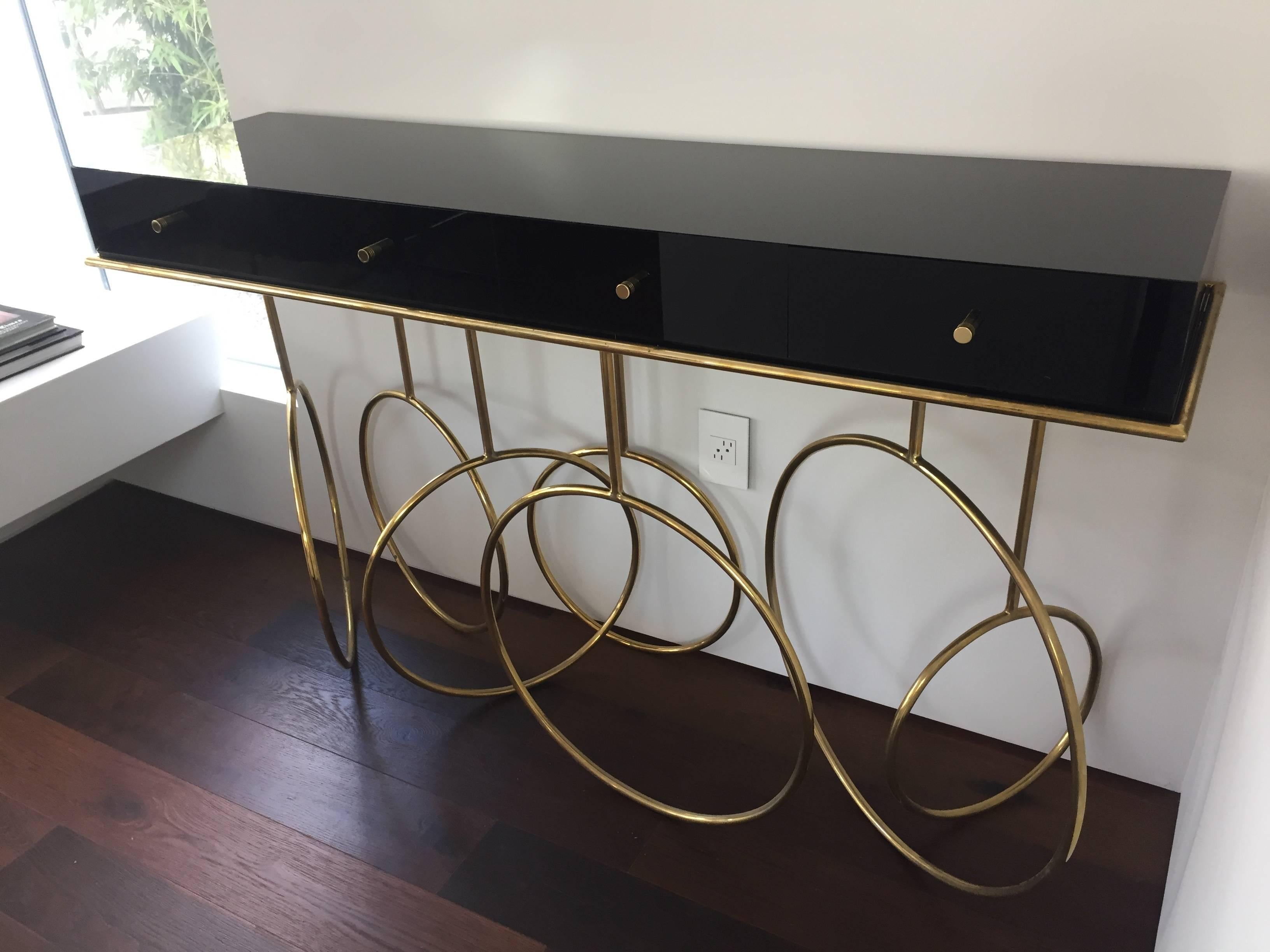 American Brass and Lucite Console Table by Amparo Calderon Tapia For Sale