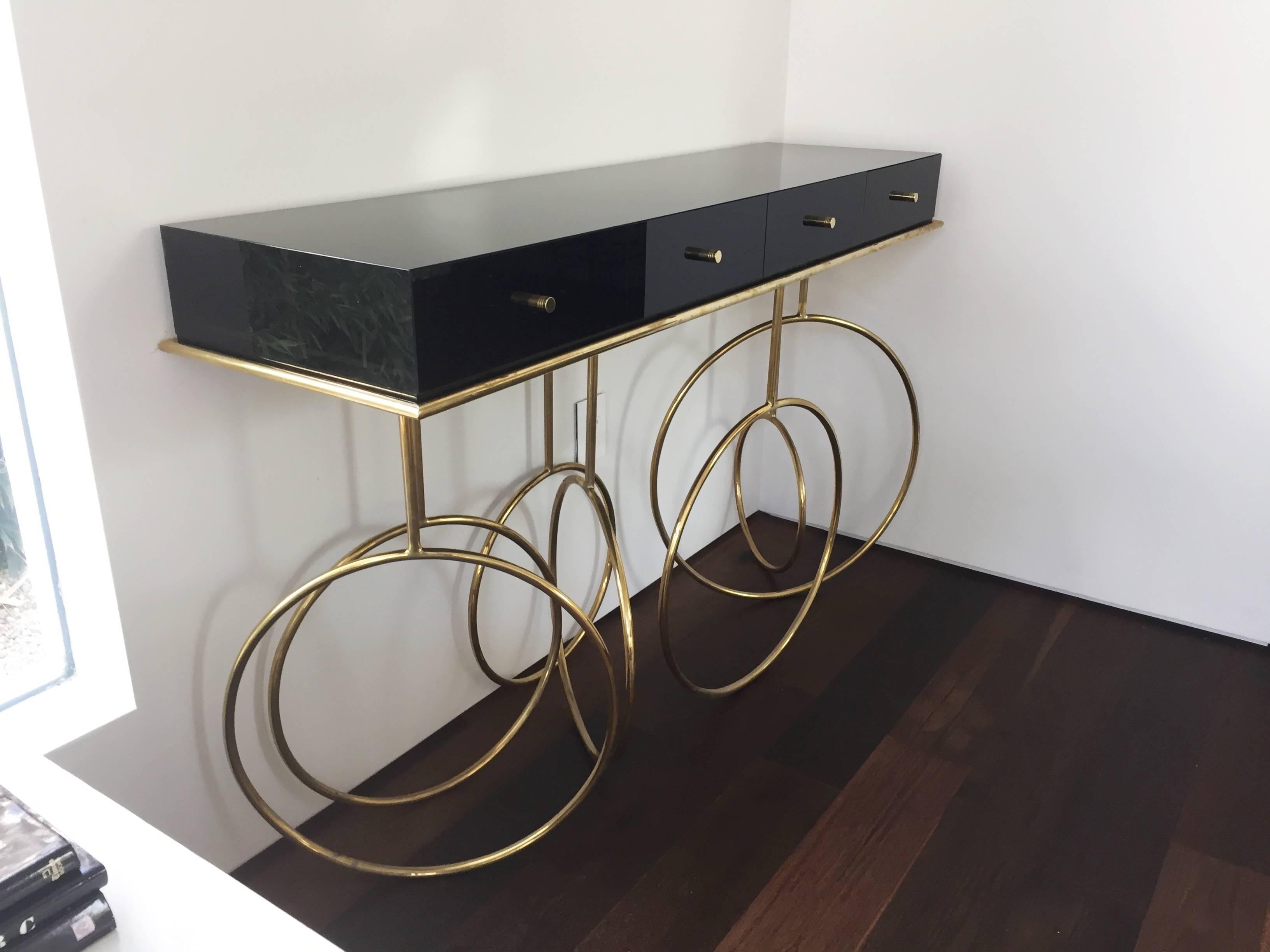 Contemporary Brass and Lucite Console Table by Amparo Calderon Tapia For Sale