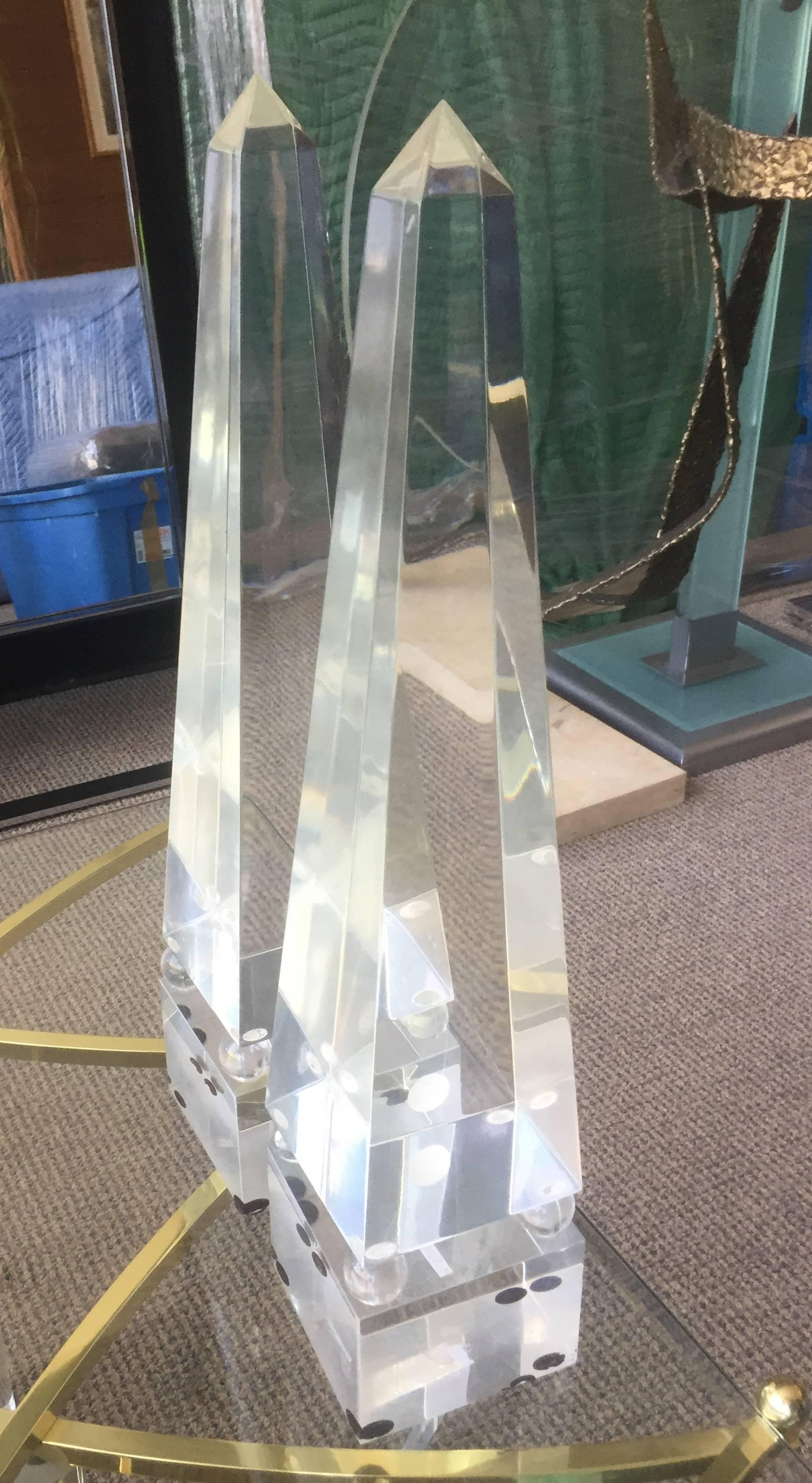 Hand-Crafted Pair of 1970s Lucite Obelisks