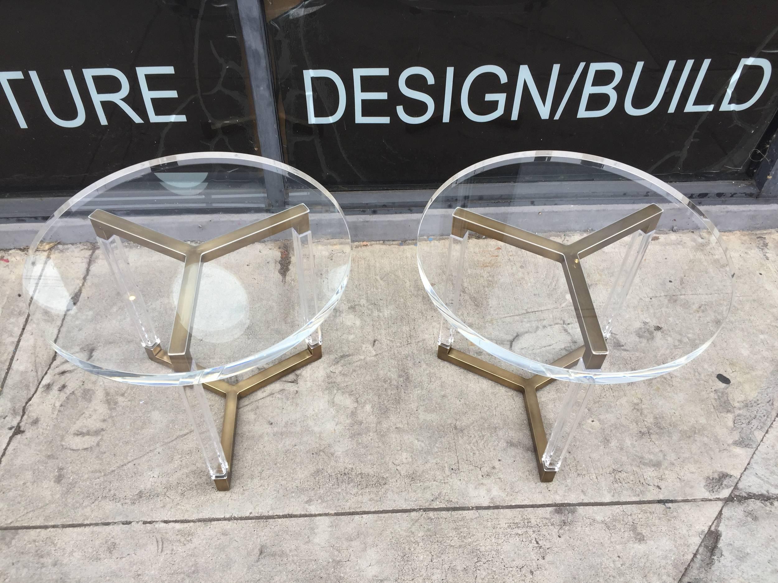 Mid-Century Modern Charles Hollis Jones Solid Brass and Lucite Side Tables 