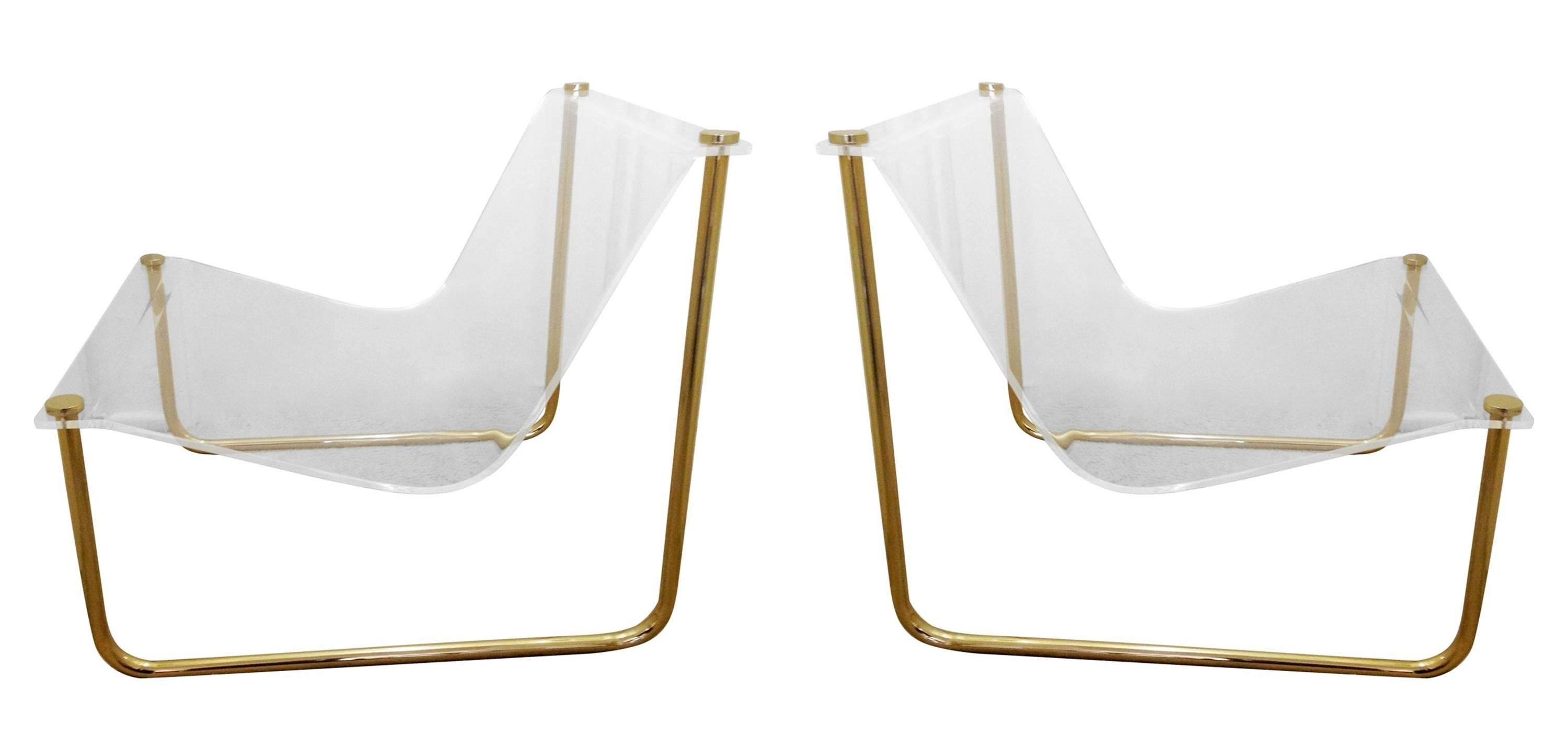 CHJ 2001
Charles Hollis Jones sling chair, 
USA, 1969
Acrylic and solid brass frames
Measures: 24.75 W x 27 D x 24.25 H inches
Literature: Charles Hollis Jones, Jones and Wolf.

The Sling Chair is part the Waterfall Line.
About the Waterfall