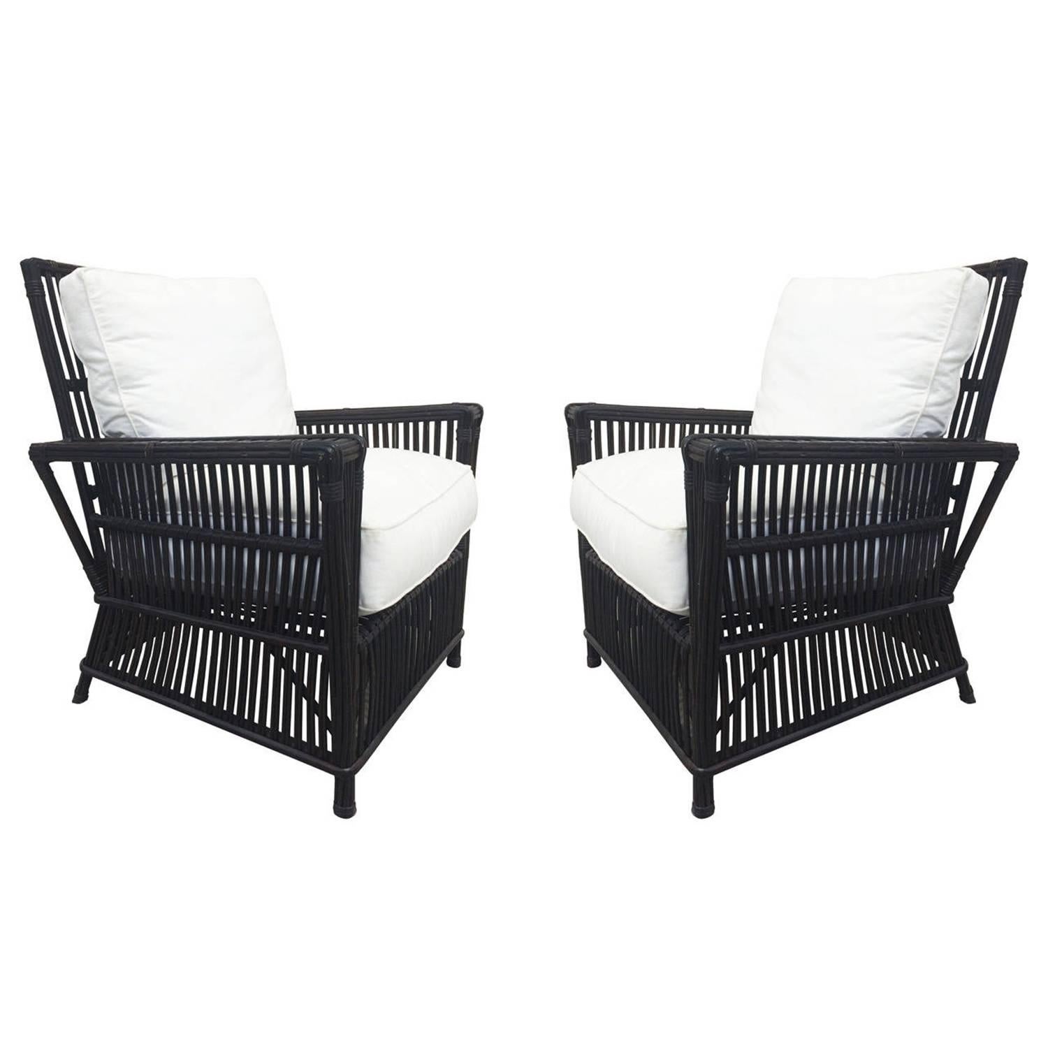Wicker or Bamboo Patio Chairs and Ottomans Upholstered in White Canvas