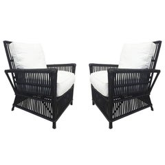 Wicker or Bamboo Patio Chairs and Ottomans Upholstered in White Canvas