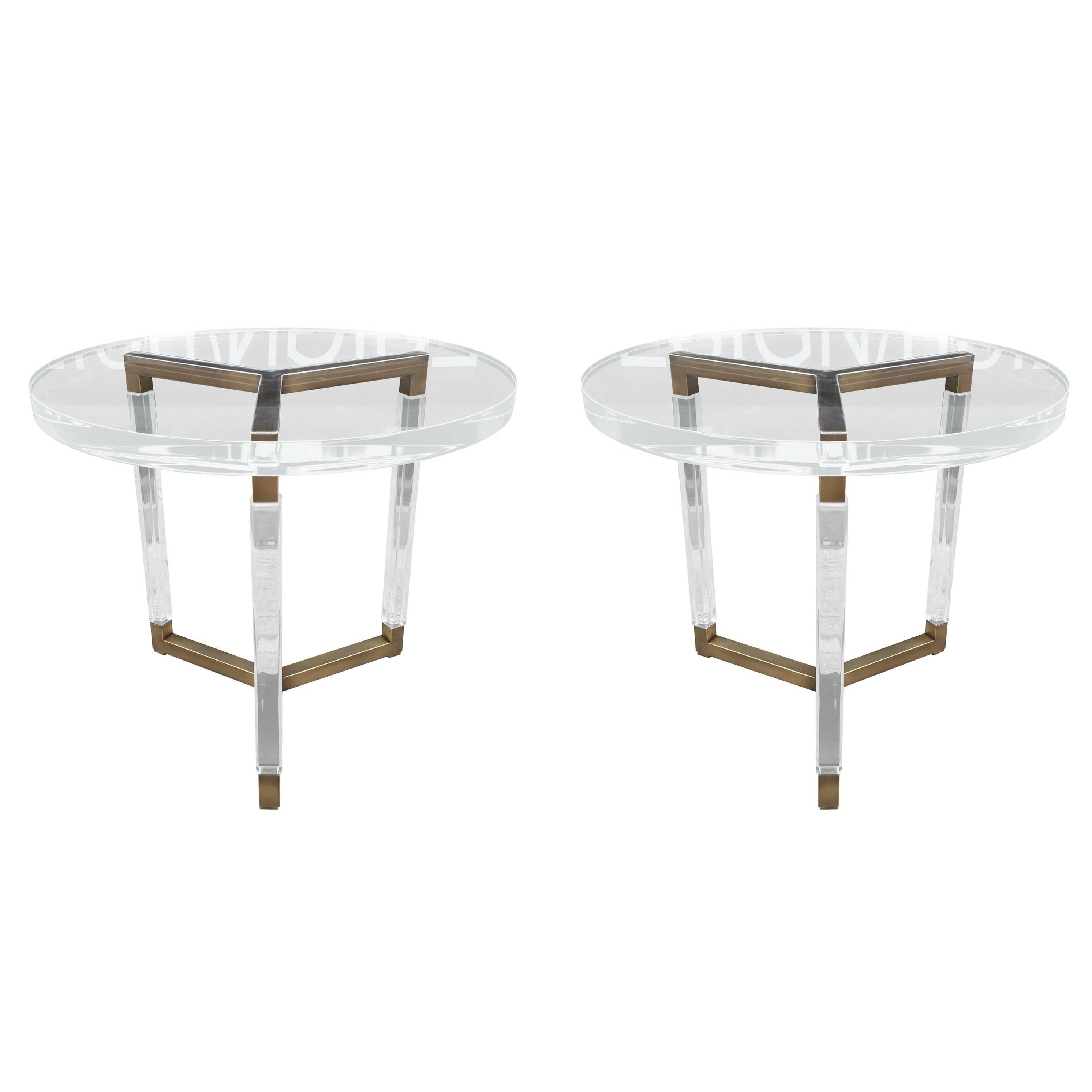 Charles Hollis Jones Solid Brass and Lucite Side Tables "Metric Collection"