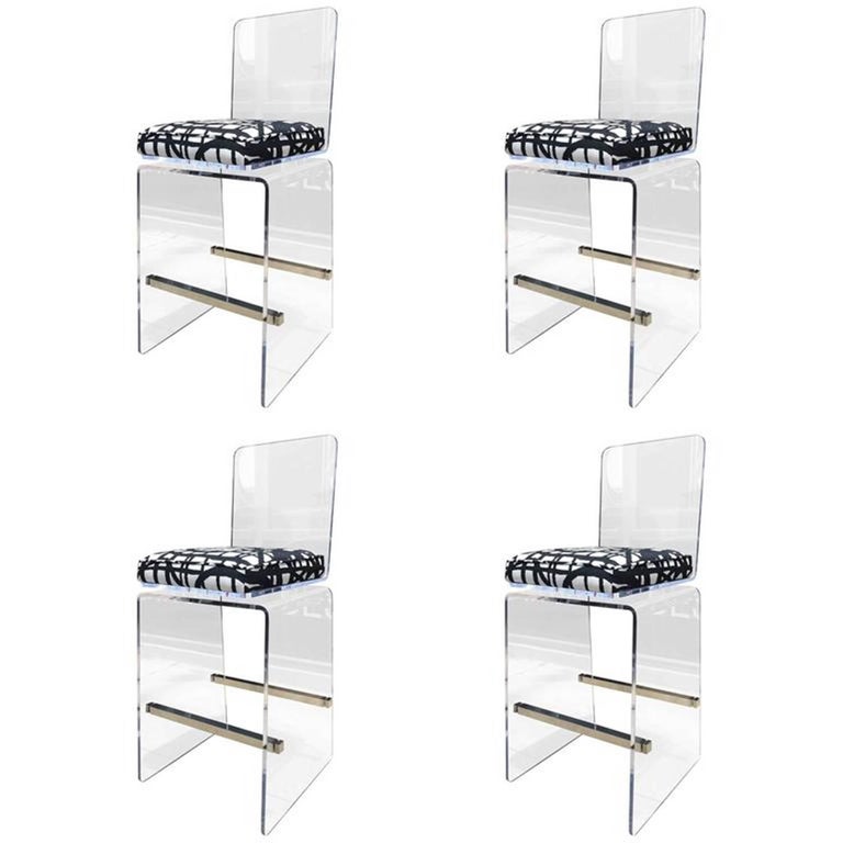 Charles Hollis Jones "Waterfall" Counter Stools in Lucite and Stainless Steel For Sale