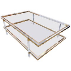 Retro Two-Tier Coffee Table in Lucite and Polished Brass by Charles Hollis Jones