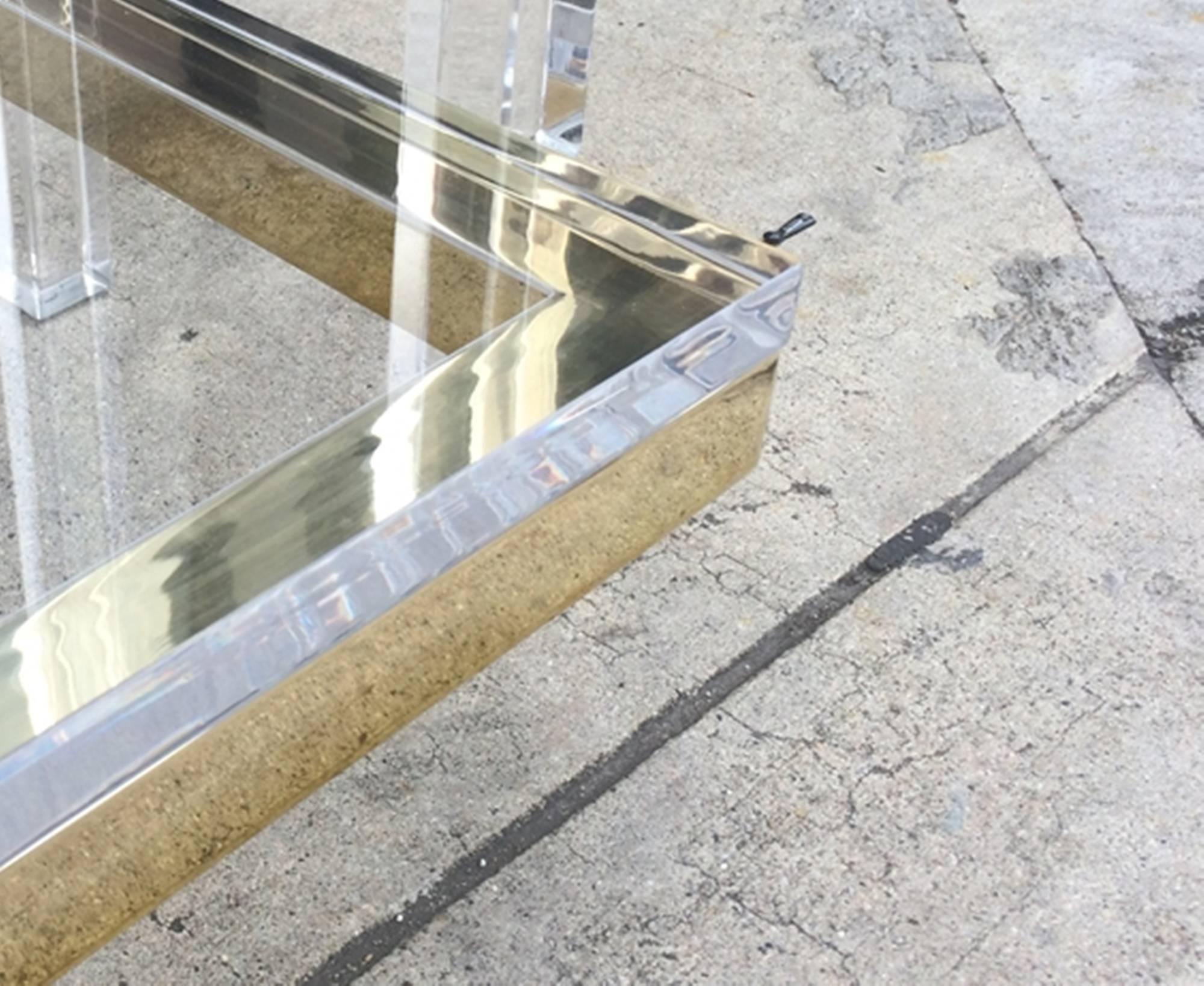 American Two-Tier Coffee Table in Lucite and Polished Brass by Charles Hollis Jones For Sale
