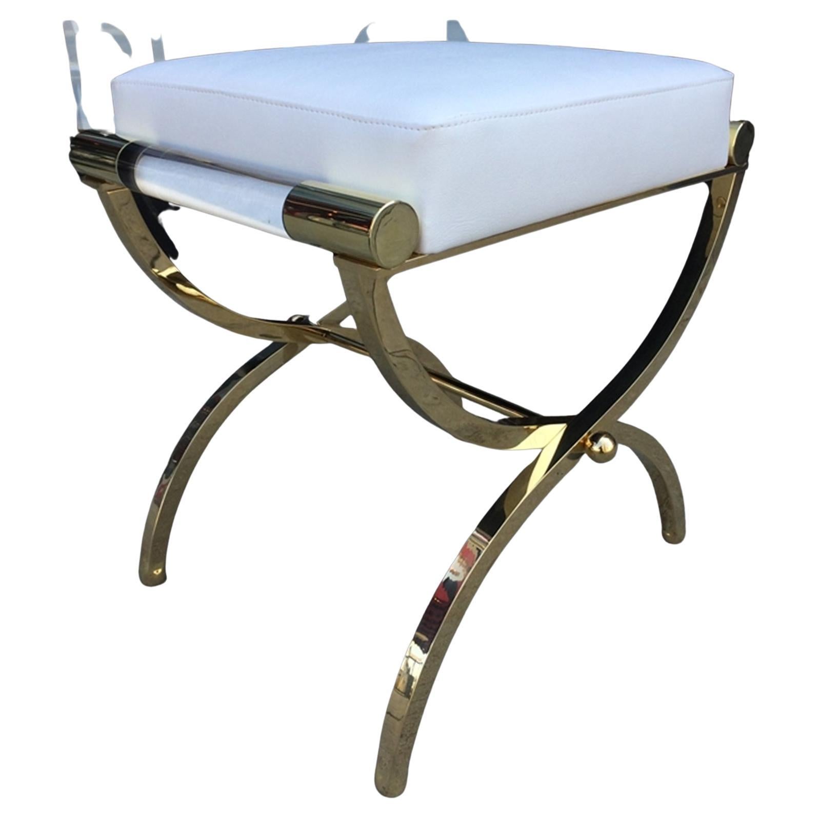 Charles Hollis Jones "Empire" Style Bench in Solid Brass and Naugahyde