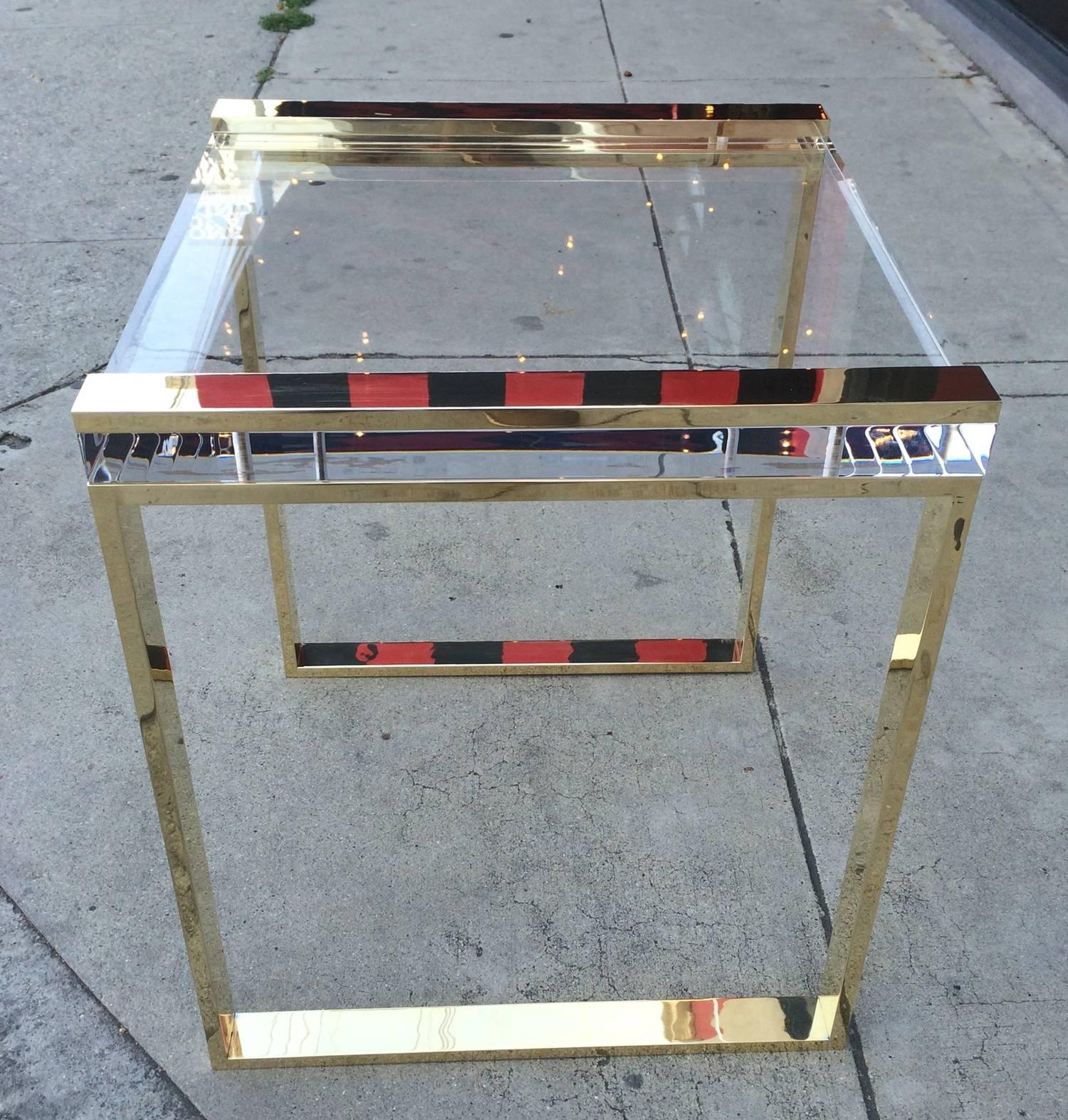 North American Pair of Charles Hollis Jones Side Tables in Lucite and Brass For Sale