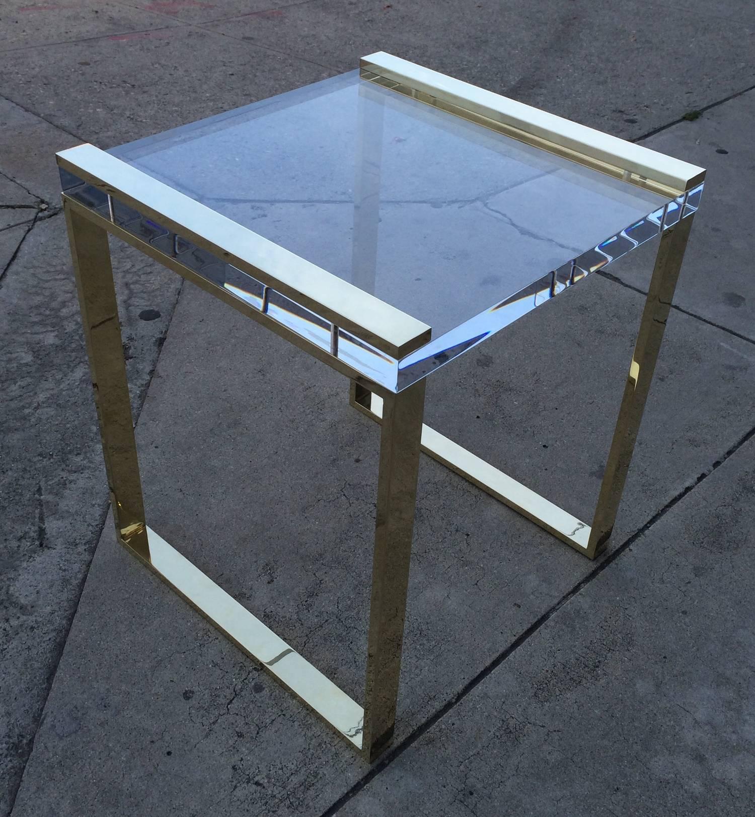 Pair of Charles Hollis Jones Side Tables in Lucite and Brass In Excellent Condition For Sale In Los Angeles, CA
