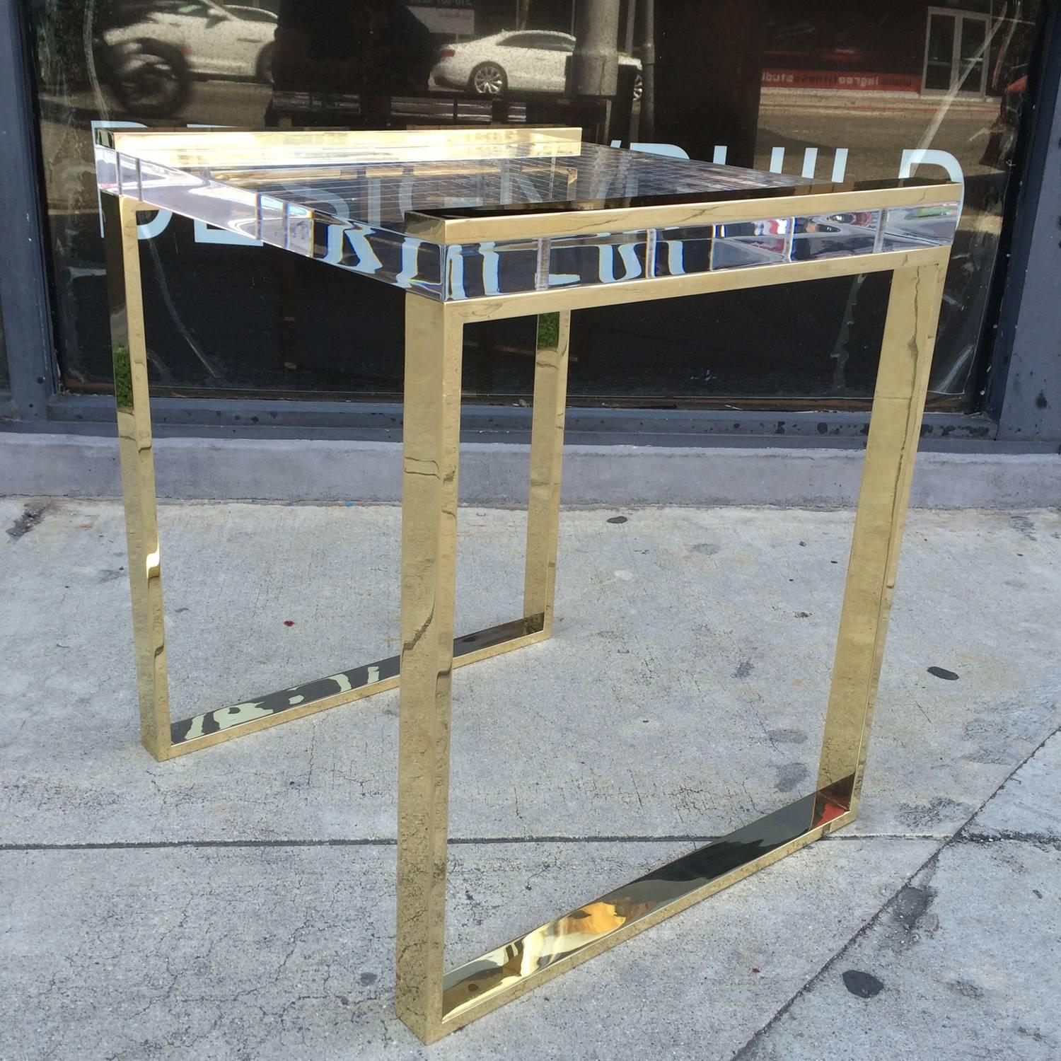 Mid-Century Modern Pair of Charles Hollis Jones Side Tables in Lucite and Brass For Sale