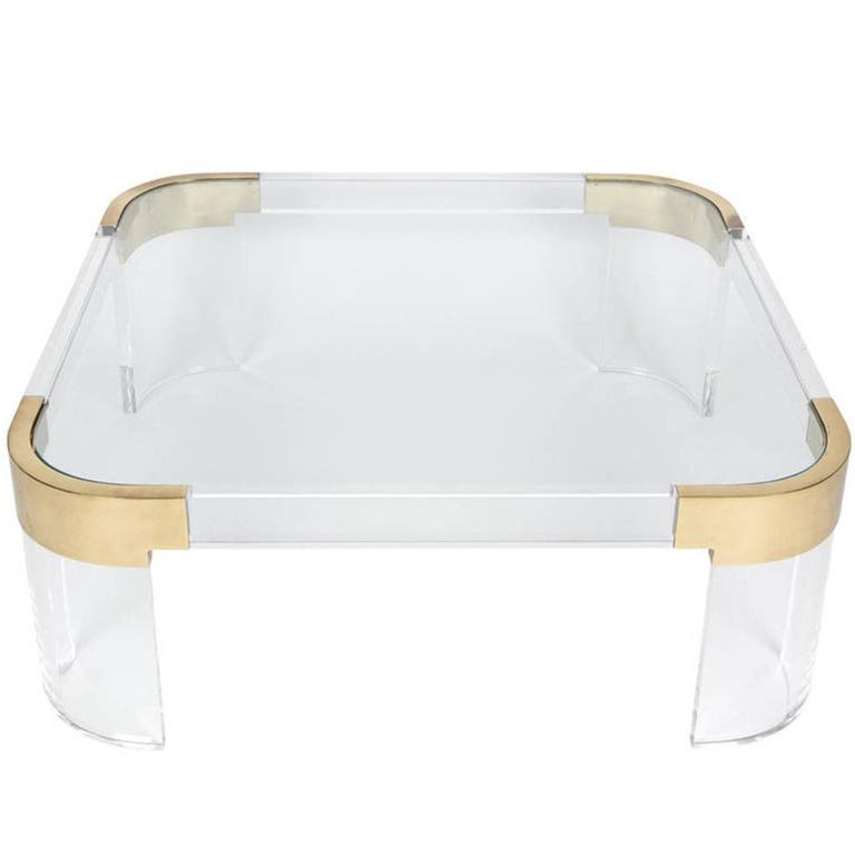 Charles Hollis Jones Lucite and Solid Brass Coffee Table "Waterfall