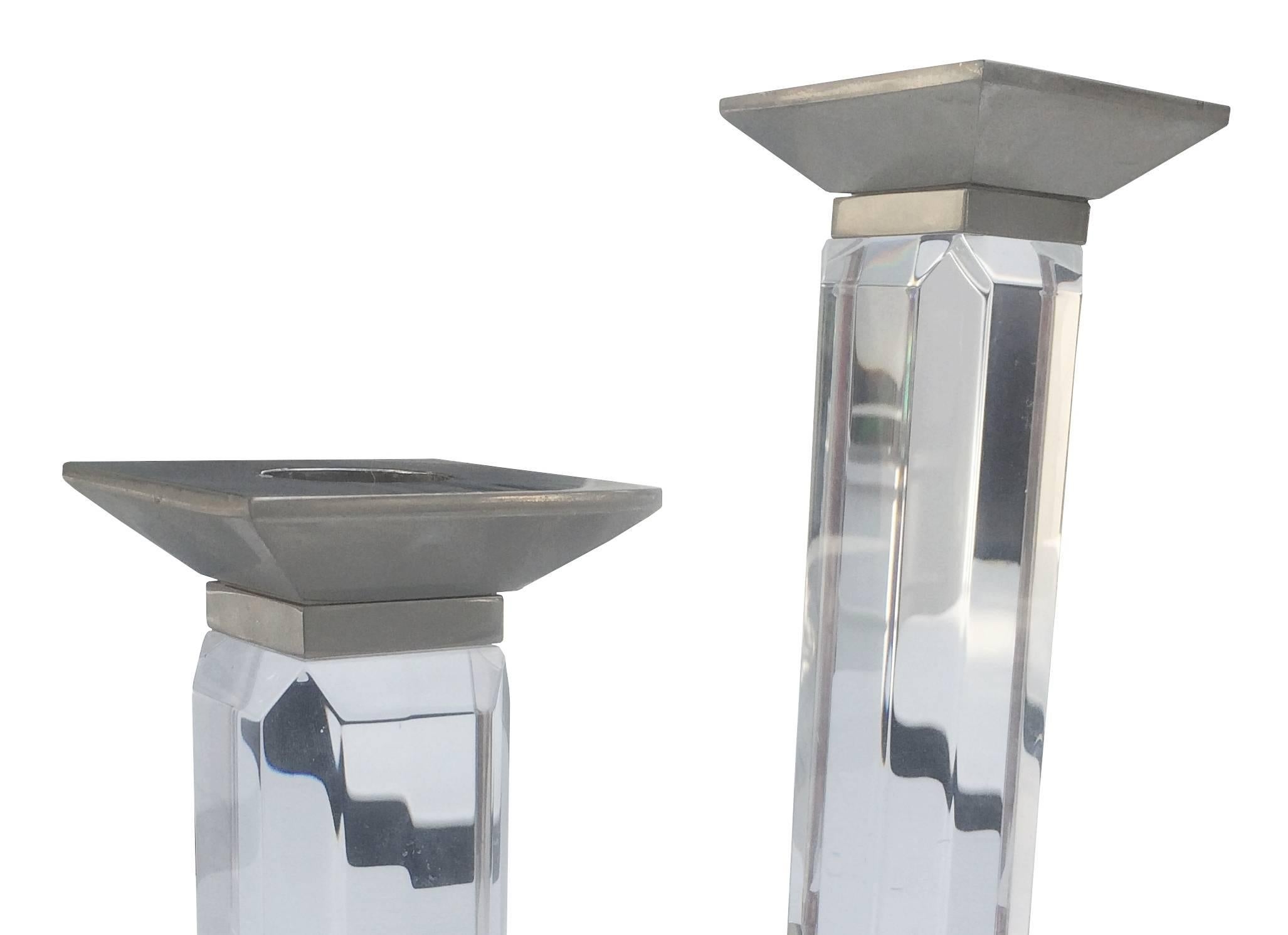 Mid-Century Modern Pair of Charles Hollis Jones Candleholders in Lucite and Nickel, Signed For Sale