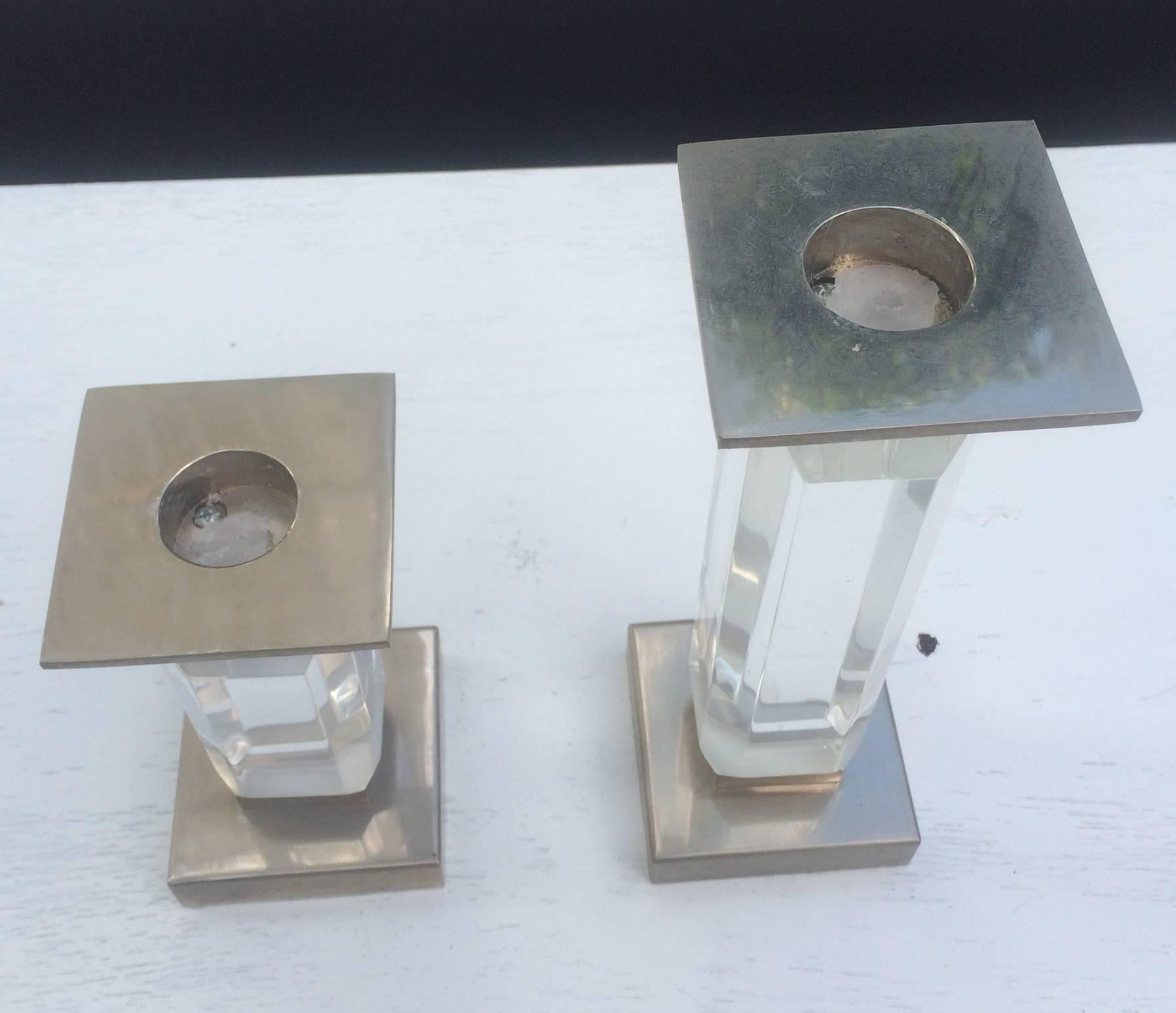 American Pair of Charles Hollis Jones Candleholders in Lucite and Nickel, Signed For Sale