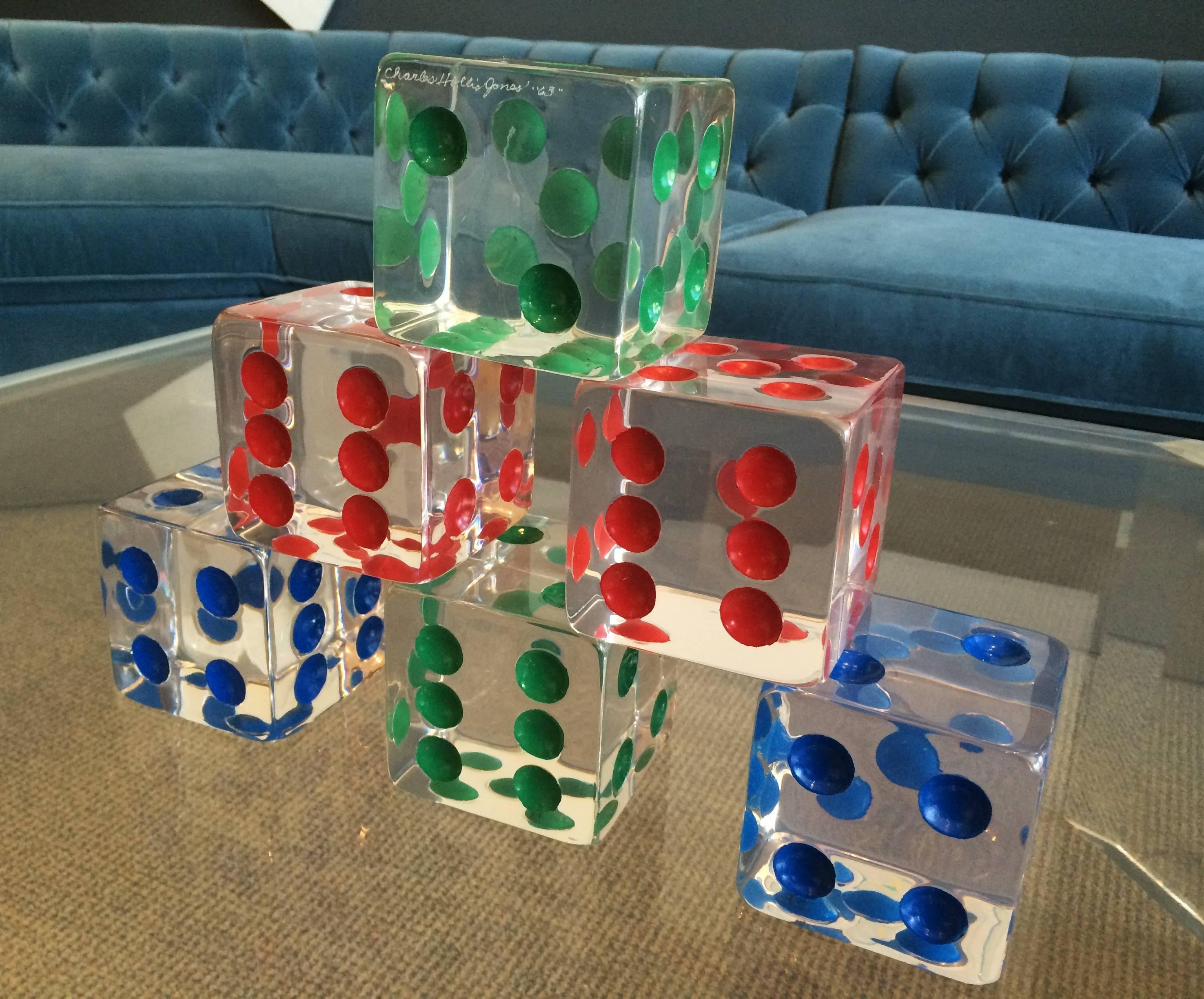 Stunning six-piece dice sculpture designed and manufactured in 1963 by Charles Hollis Jones.
The set is in excellent condition, free of chips and very minimal signs of wear.
The set is signed and dated 1963.

Measurements:
3.75