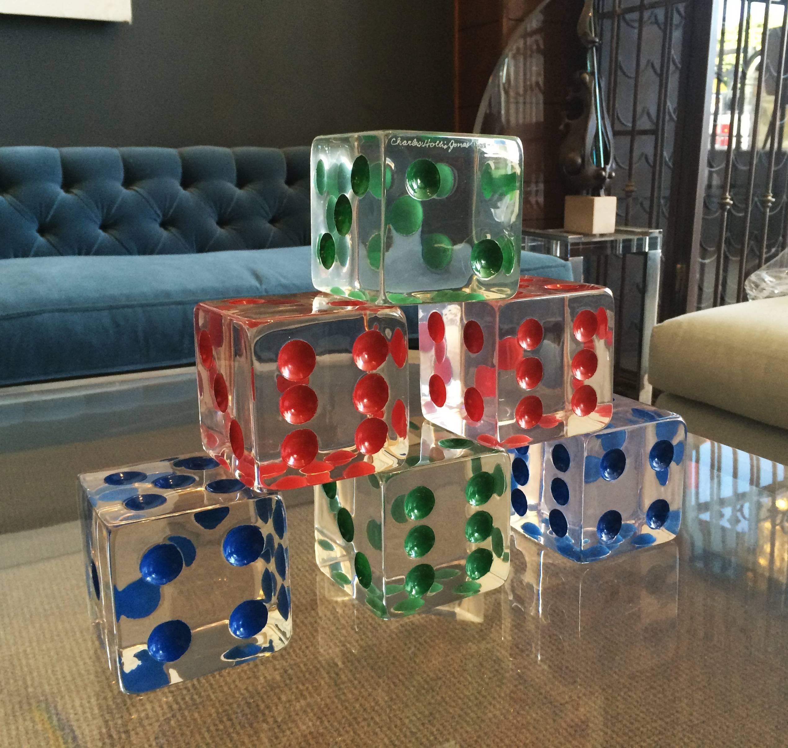 Mid-Century Modern Oversized Dice Sculpture in Lucite by Charles Hollis Jones, Signed and Dated