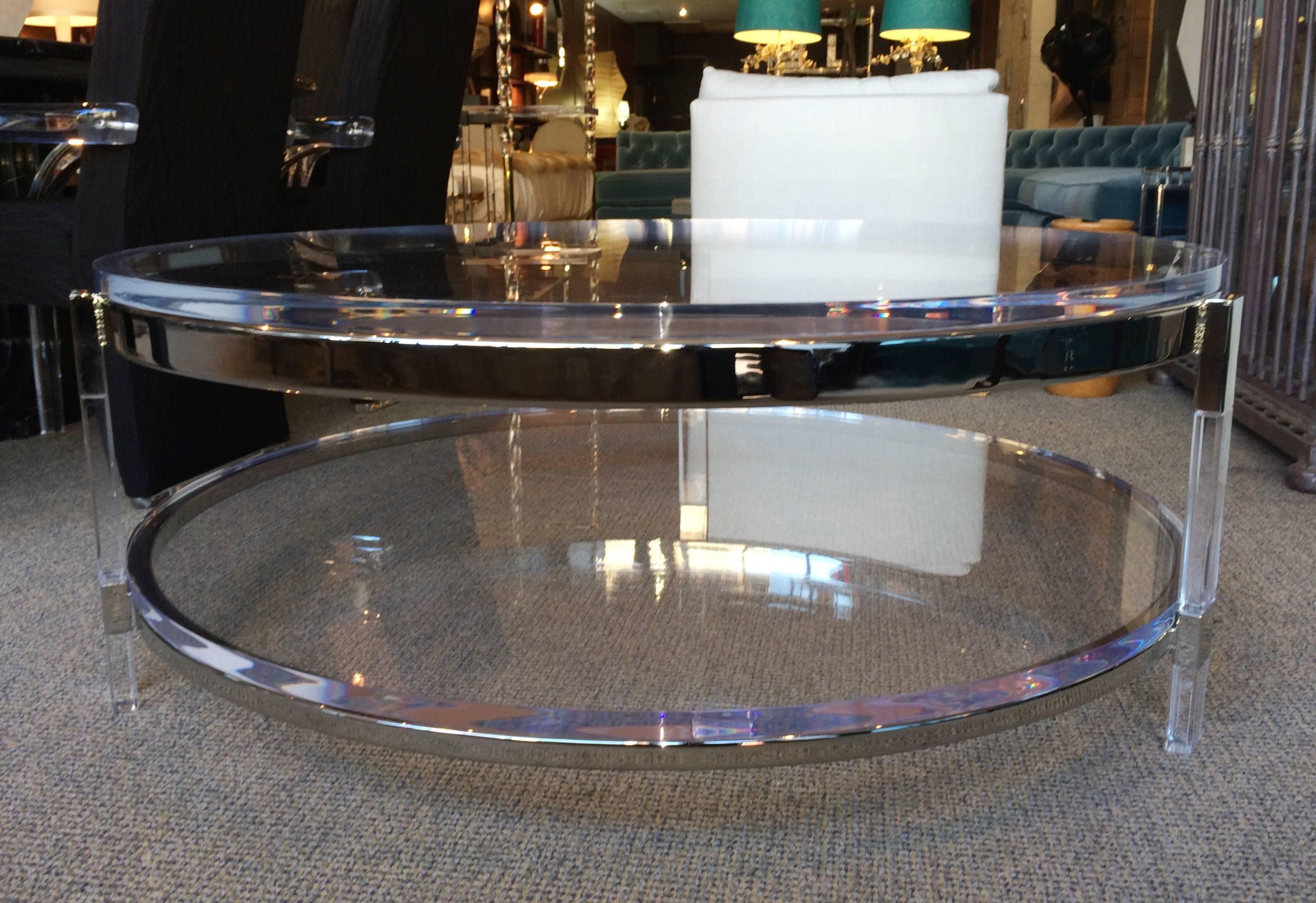 Beautiful two level coffee table in Lucite and nickel designed by Charles Hollis Jones as part of his Metric collection introduced when it was announced that United States would adopt the metric system. As a result Charles designed a whole line of