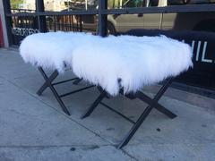 "X" Frame Benches by Charles Hollis Jones, Black Nickel & White Mongolian Lamb