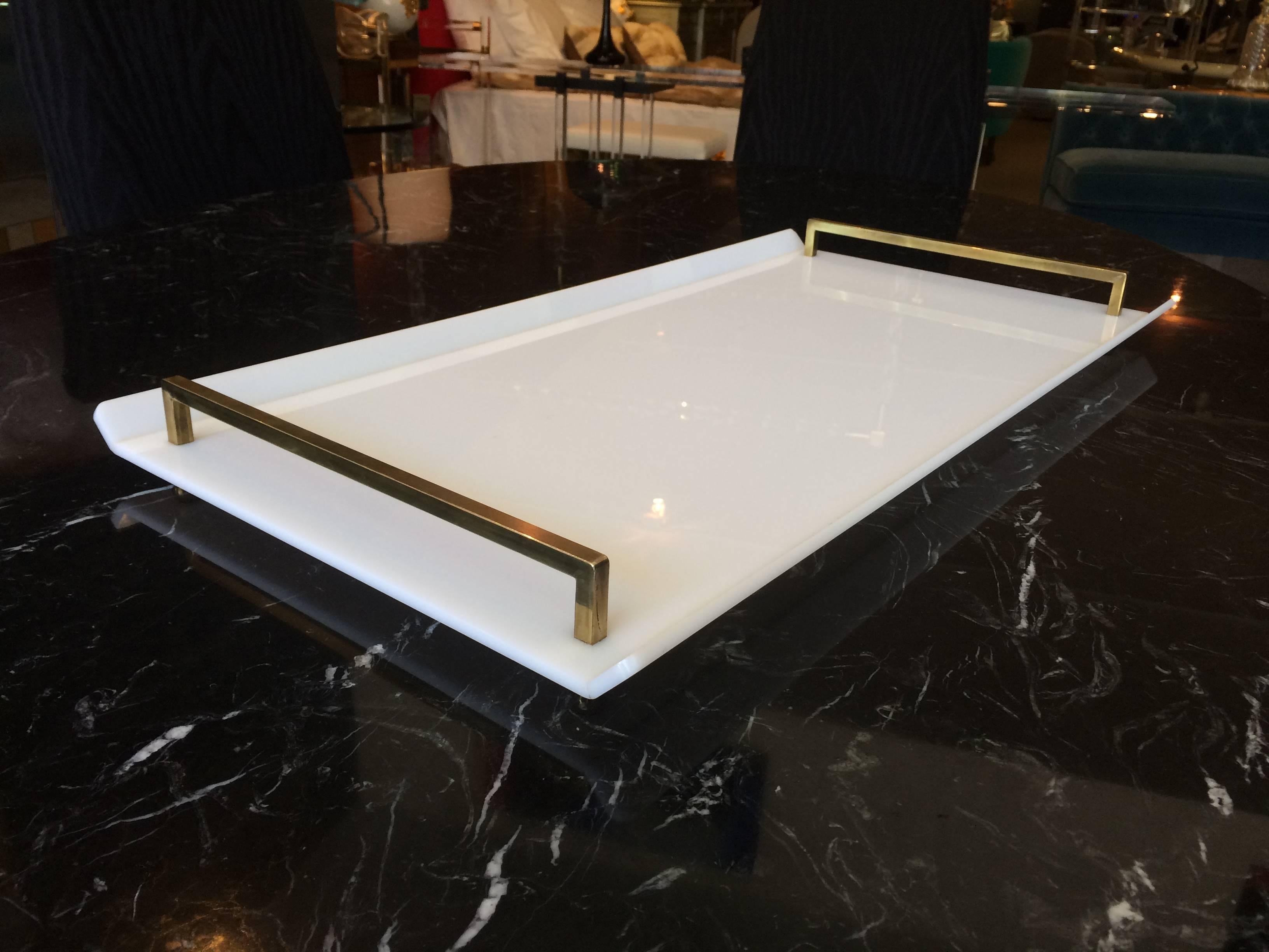 Mid-Century Modern Serving Tray in White Lucite and Brass by Charles Hollis Jones