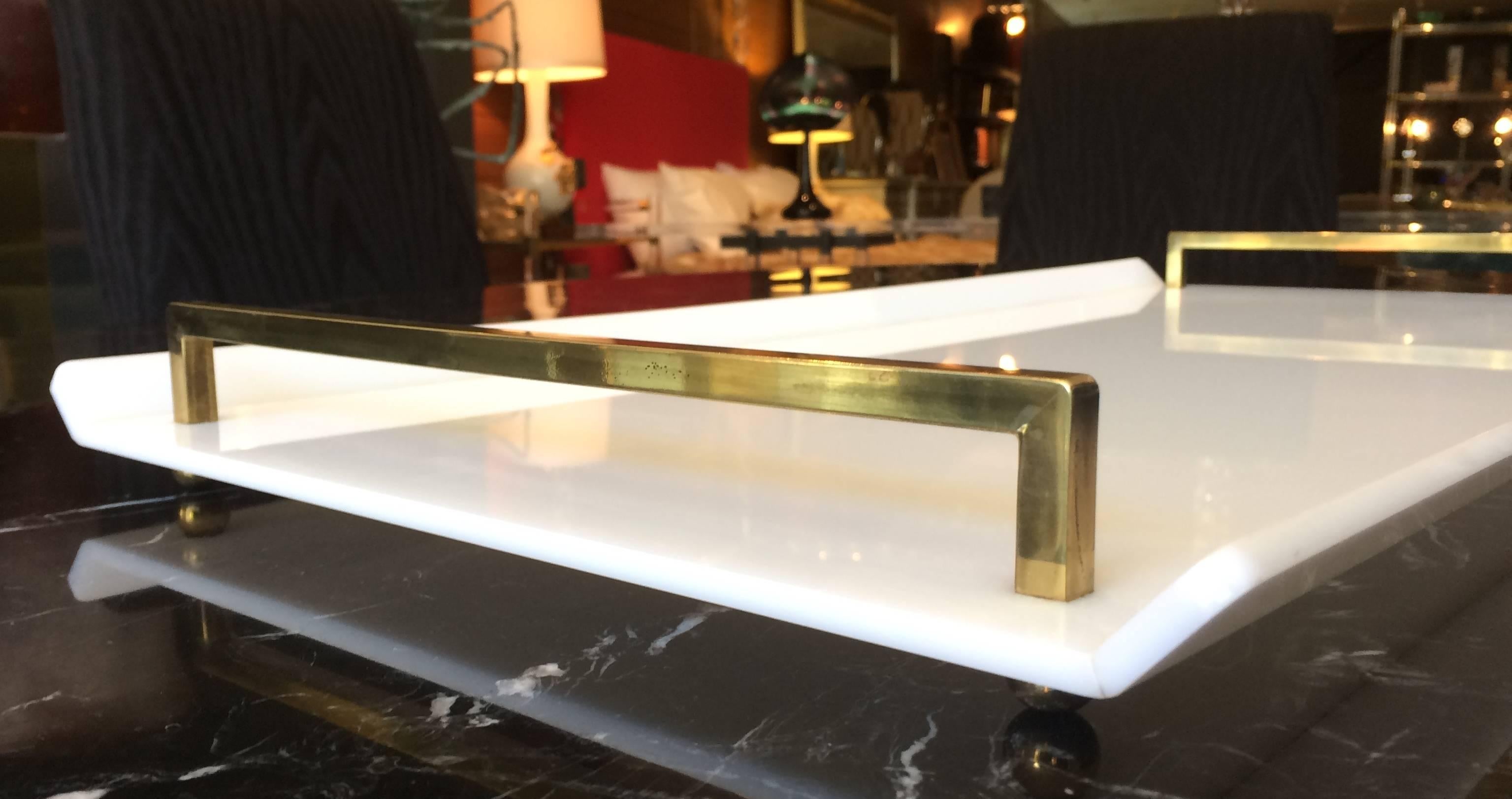 American Serving Tray in White Lucite and Brass by Charles Hollis Jones
