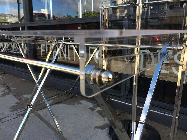 Set of Four Lucite and Polished Nickel Serving Trays and Stand, Charles