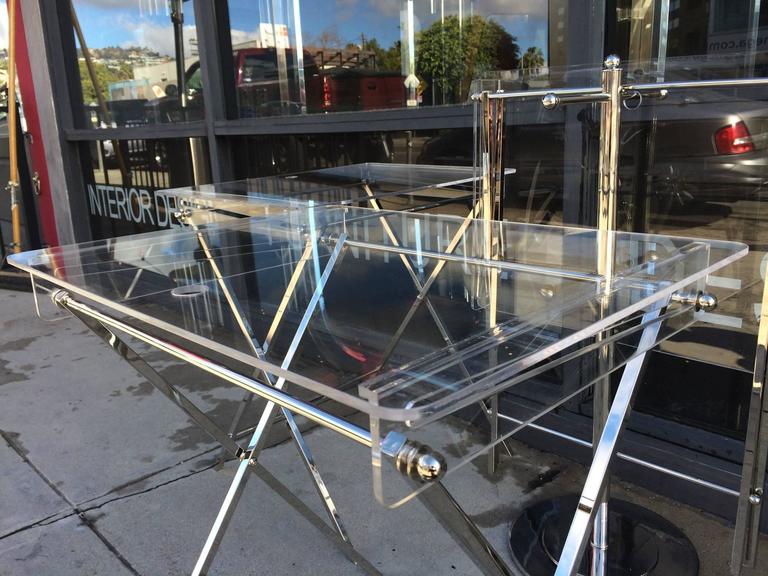 Set of Four Lucite and Polished Nickel Serving Trays and Stand, Charles