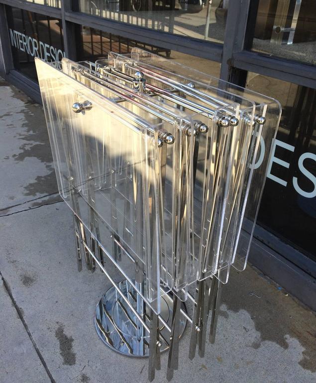 Set of Four Lucite and Polished Nickel Serving Trays and Stand, Charles