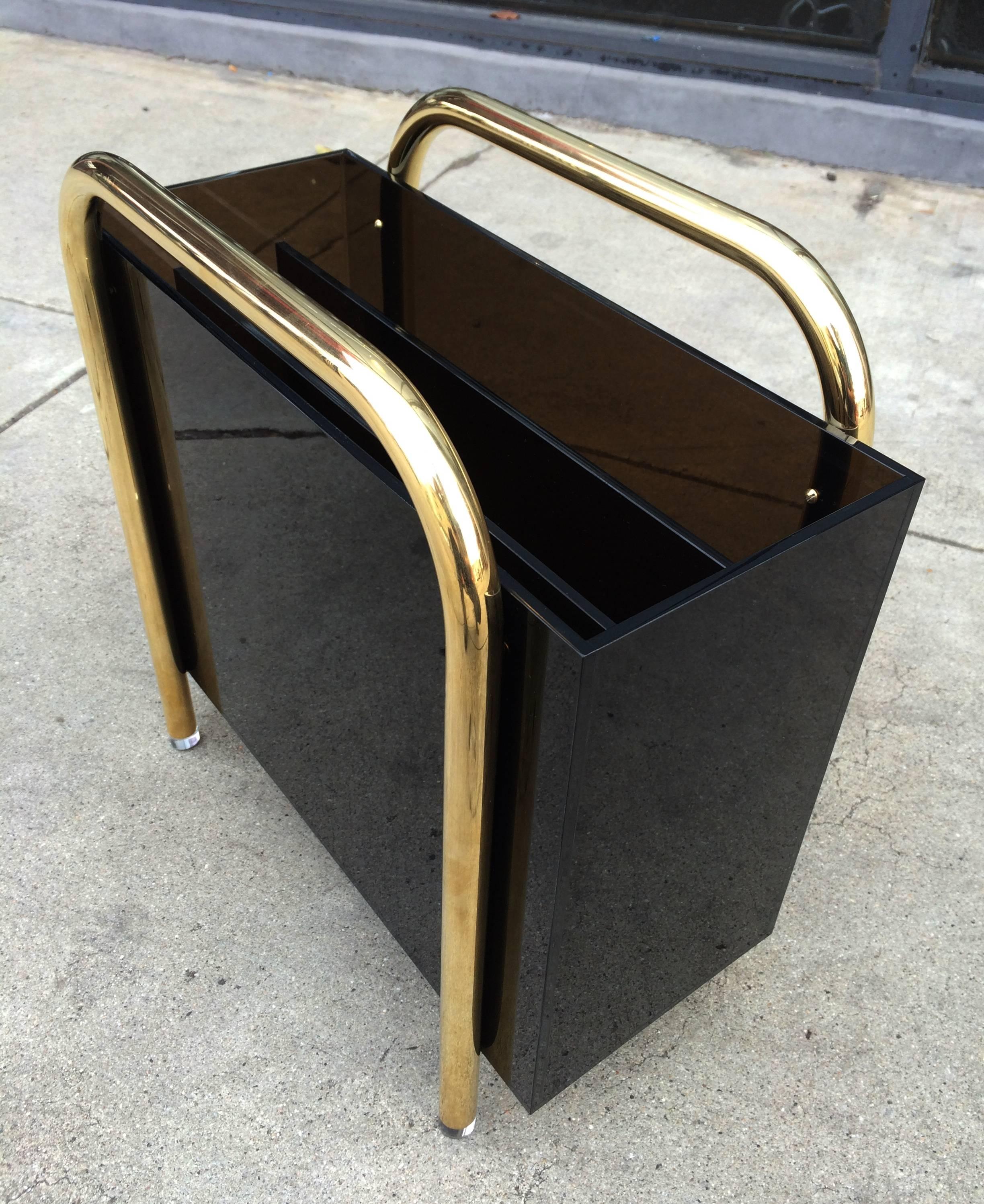 Brass & Bronzed Lucite Magazine Holder by Charles Hollis Jones In Excellent Condition In Los Angeles, CA