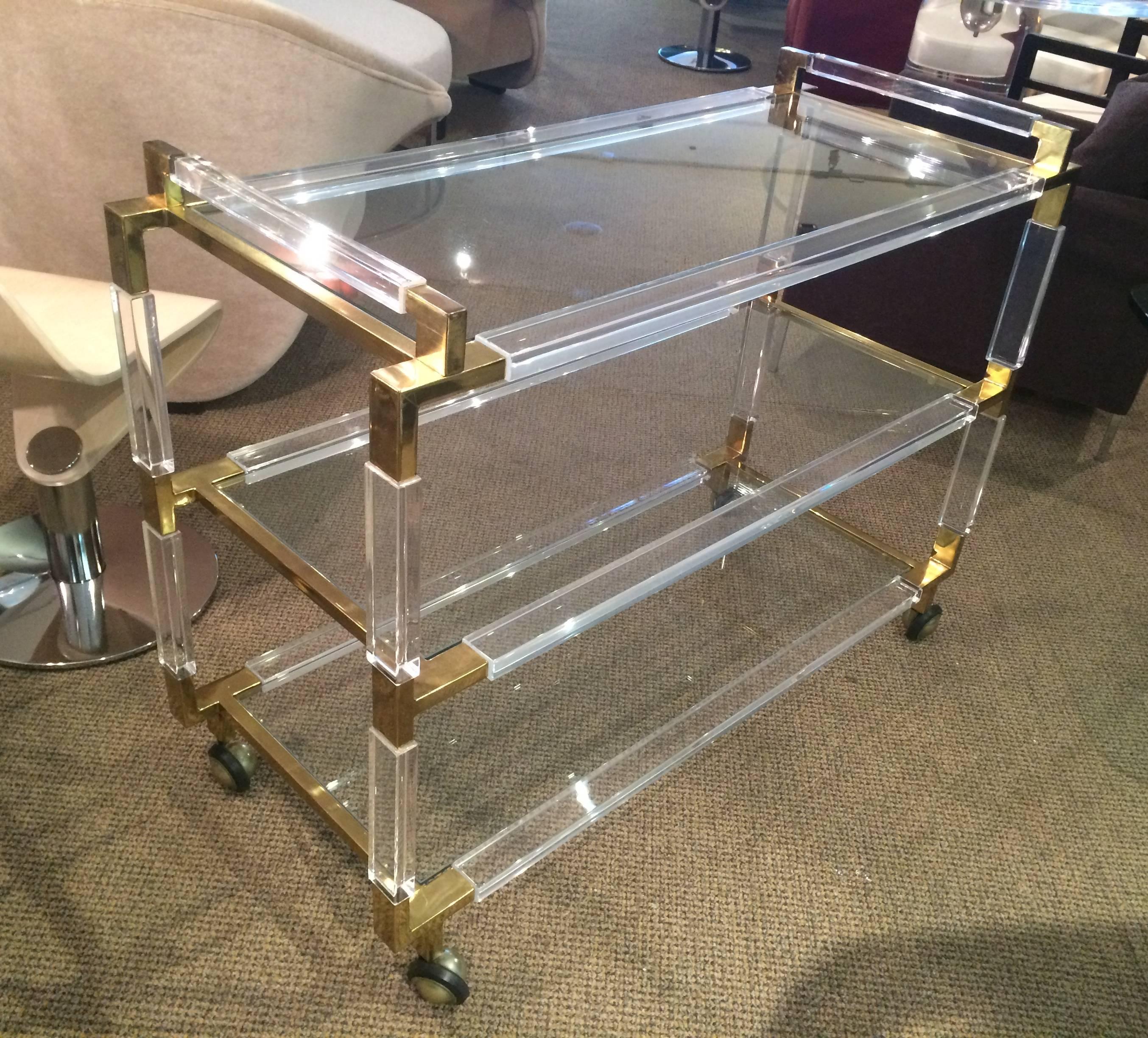 Mid-20th Century Rare Charles Hollis Jones Lucite and Brass Bar Cart from the 