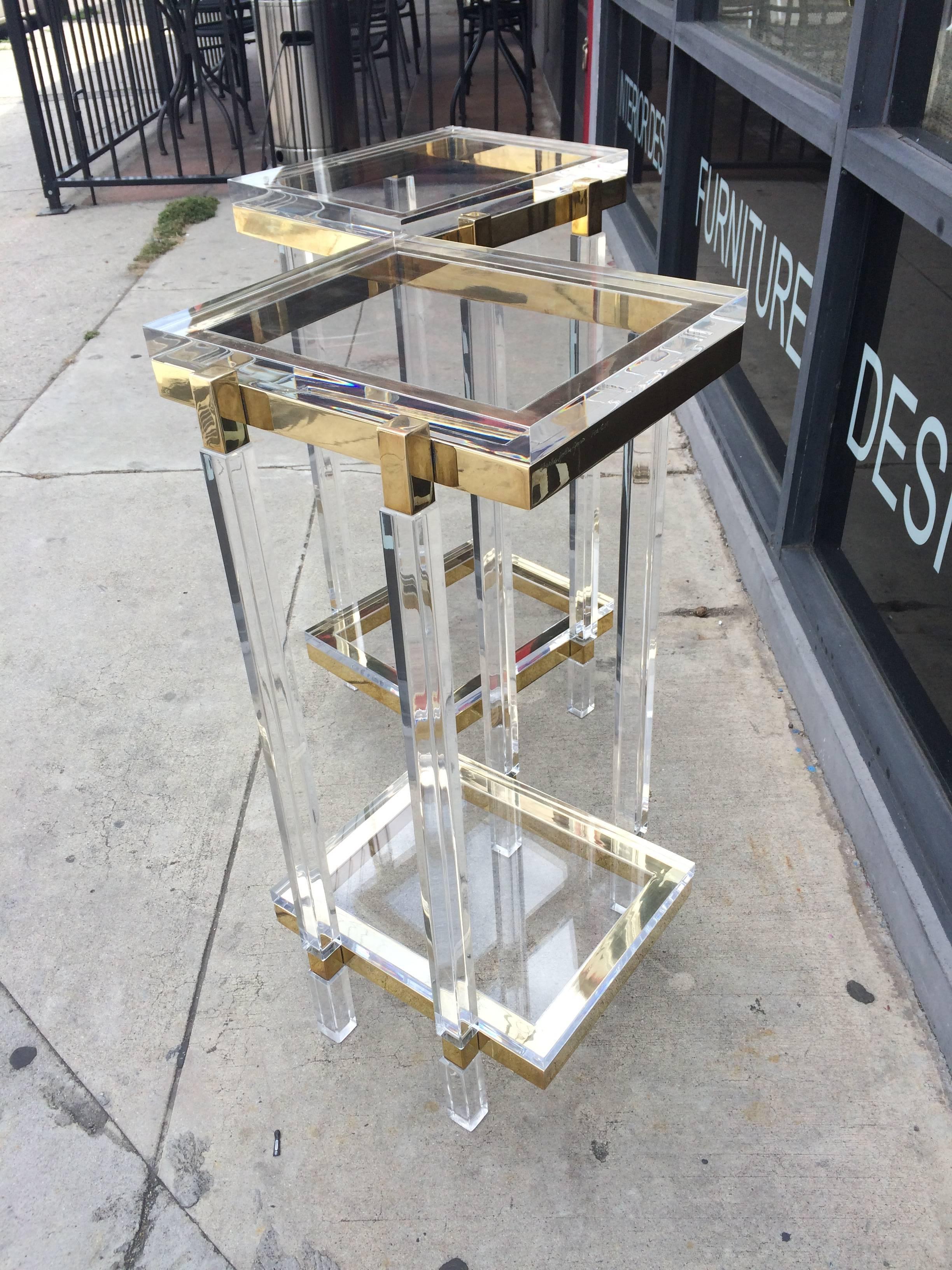 Mid-Century Modern Brass and Lucite Side Tables or Pedestals by Charles Hollis Jones For Sale