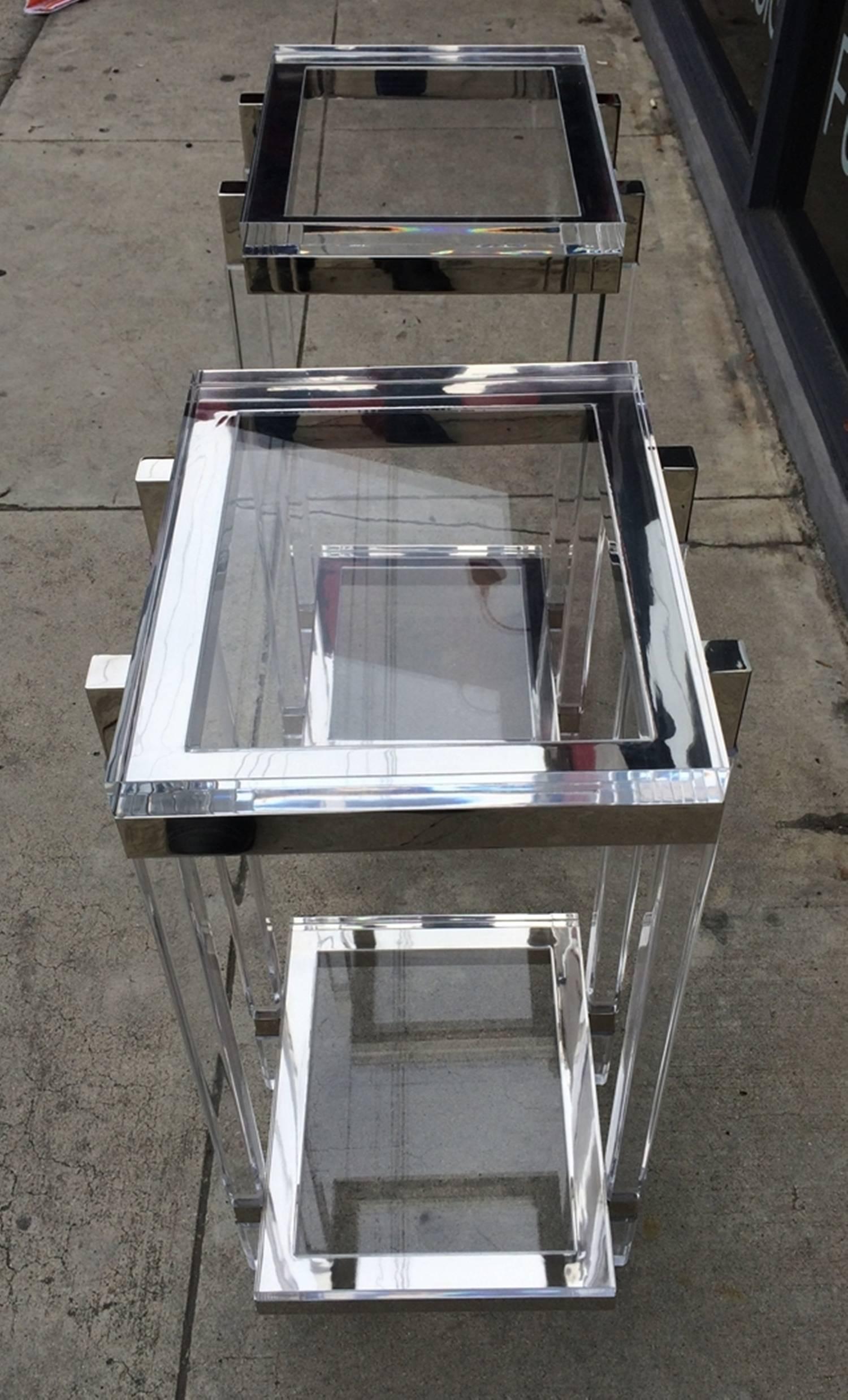 Lucite and Polished Nickel Pedestals/Tables by Charles Hollis Jones In Good Condition For Sale In Los Angeles, CA