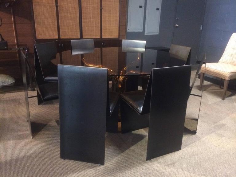 Contemporary Set of Eight Anodized Steel & Leather Dining Chairs For Sale