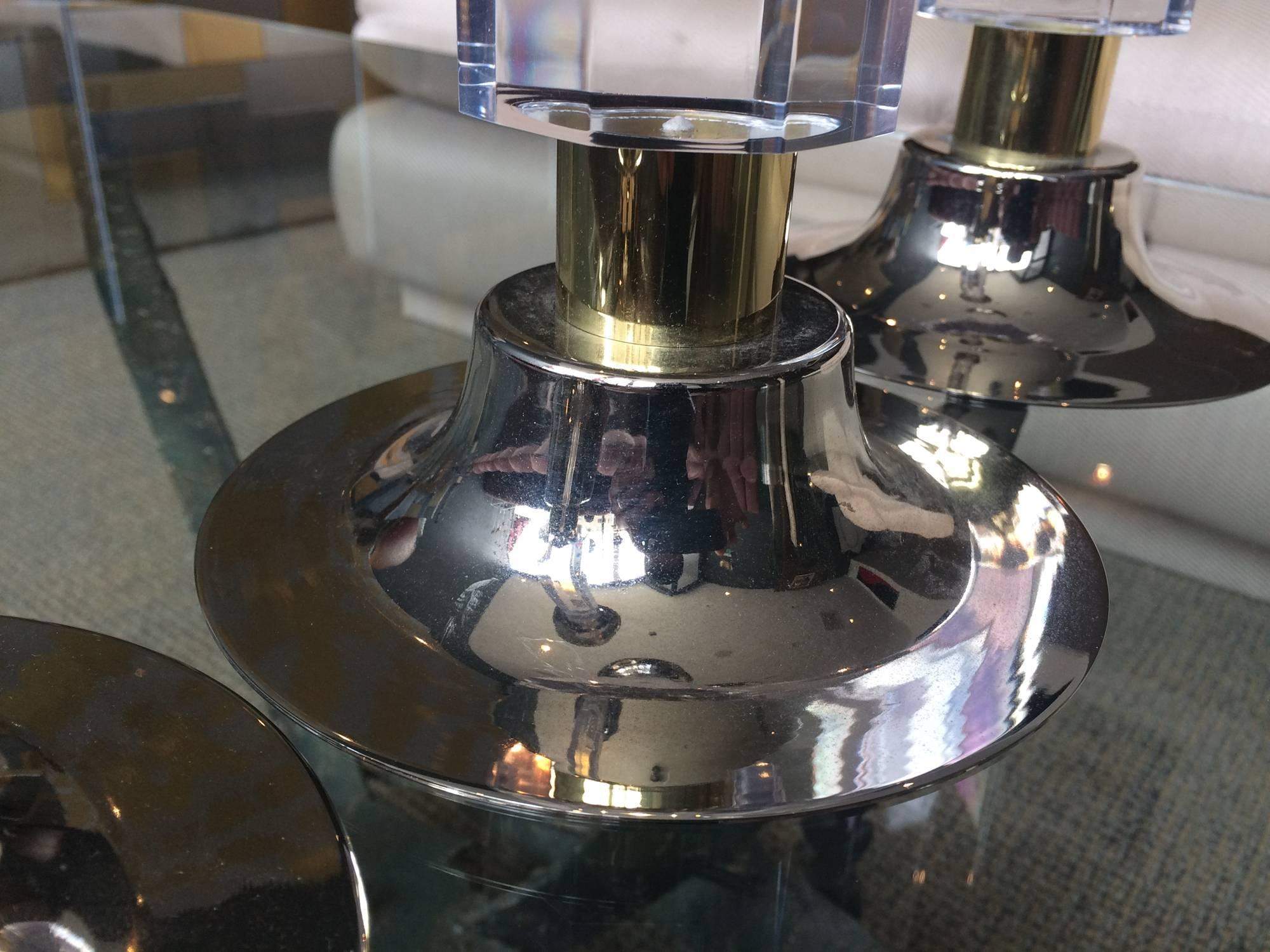 Stunning Set of Lucite, Nickel & Brass Candleholders by Amparo Calderon Tapia In Excellent Condition In Los Angeles, CA