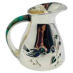 Los Castillo Taxco Malachite & Silver Plate Bird Pitcher, Mexico 1960s
