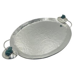 Whimsical Silver-Plate & Malachite Serving Tray by Emilia Castillo, Mexican Art
