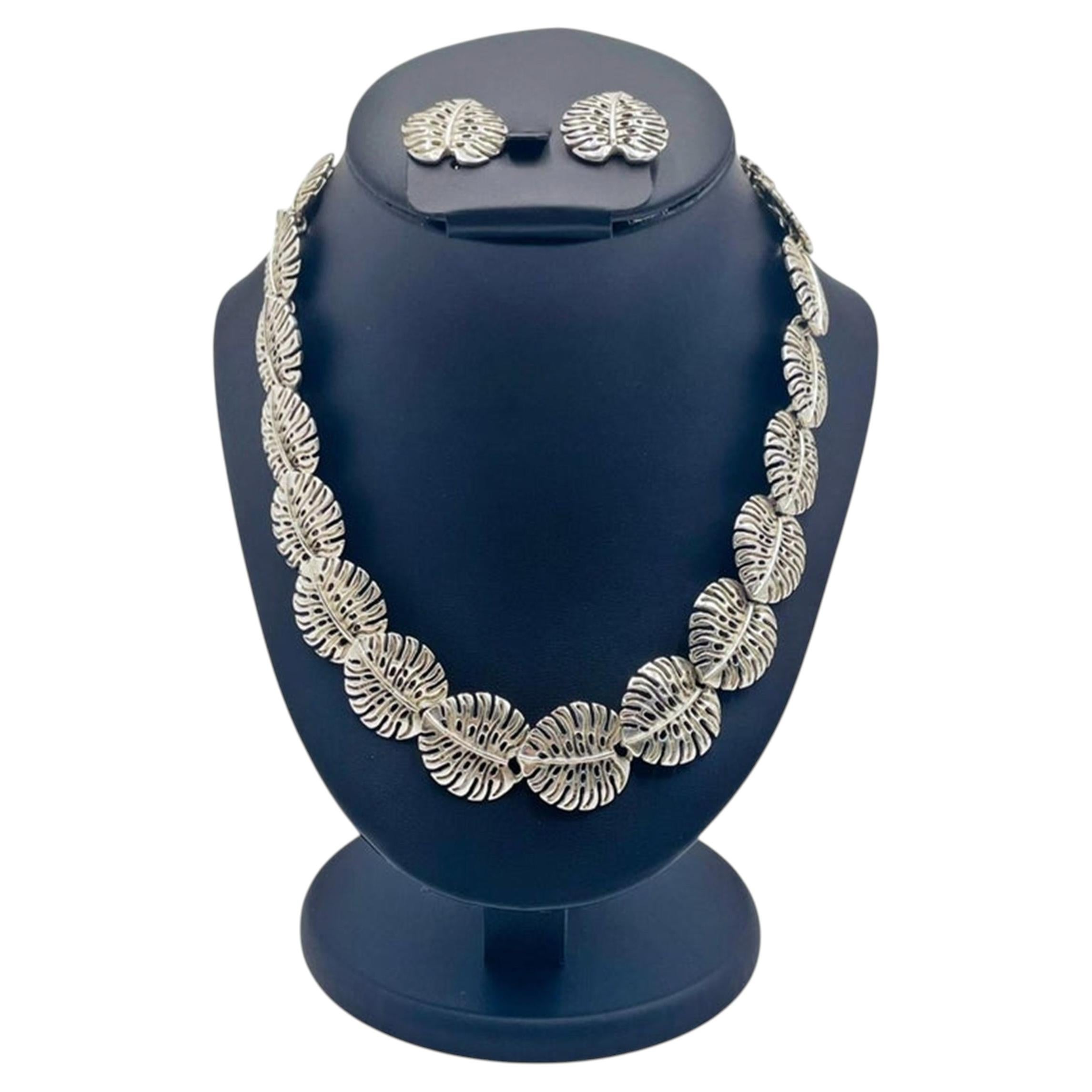 Emilia Castillo Taxco 950 Silver Monstera Necklace & Earrings Set, Mexican Art For Sale